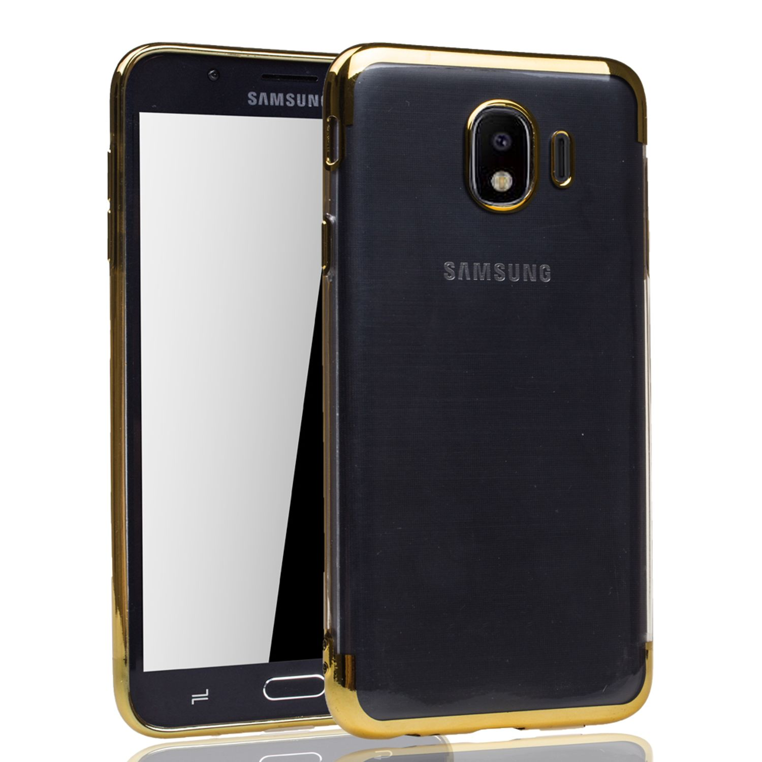 Ein schwarzes Telefon in einer goldgerahmten Hülle. Die Rückseite des Telefons und der Hülle sind sichtbar.
