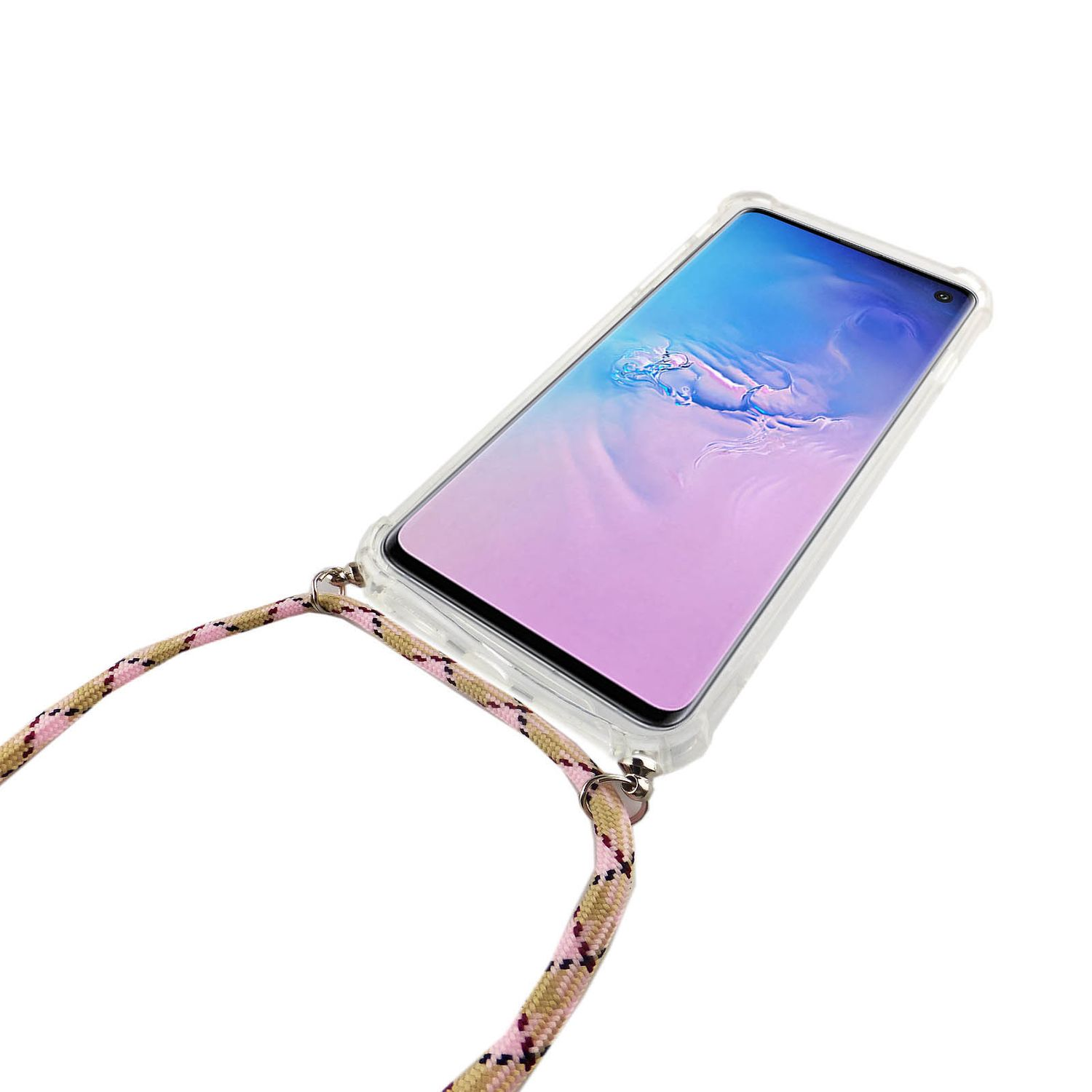 Telefon mit rosa und beigem Riemen. Weißer Hintergrund.
