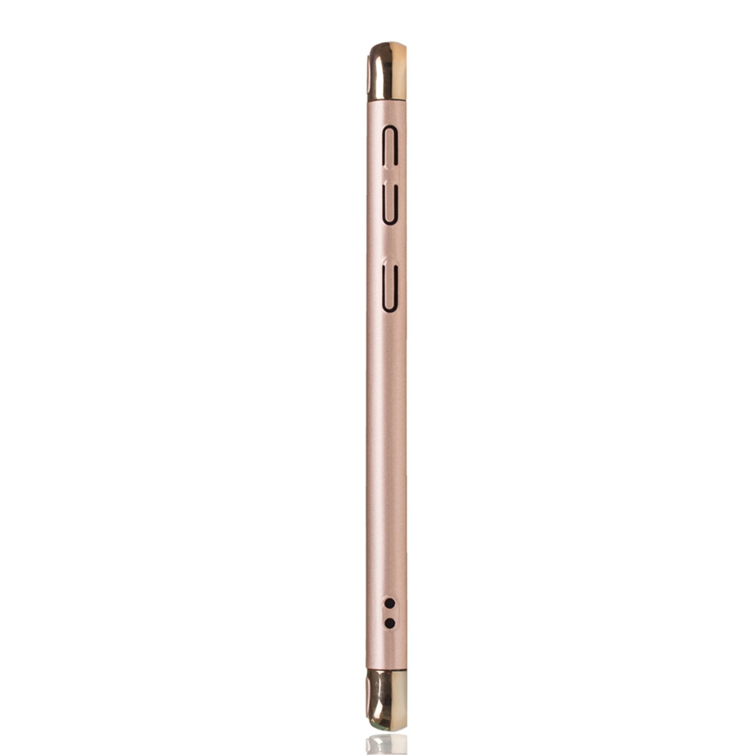 Roségoldene Handyhülle, Seitenansicht mit goldenen Akzenten. Knöpfe sind sichtbar.
