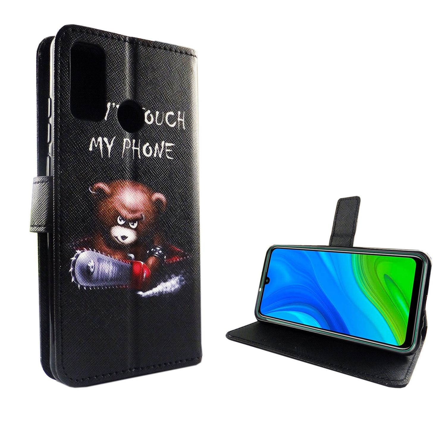Schwarze Handyhülle mit Bär und Kettensäge. Text: I'M TOUCH MY PHONE. Weißer Hintergrund.