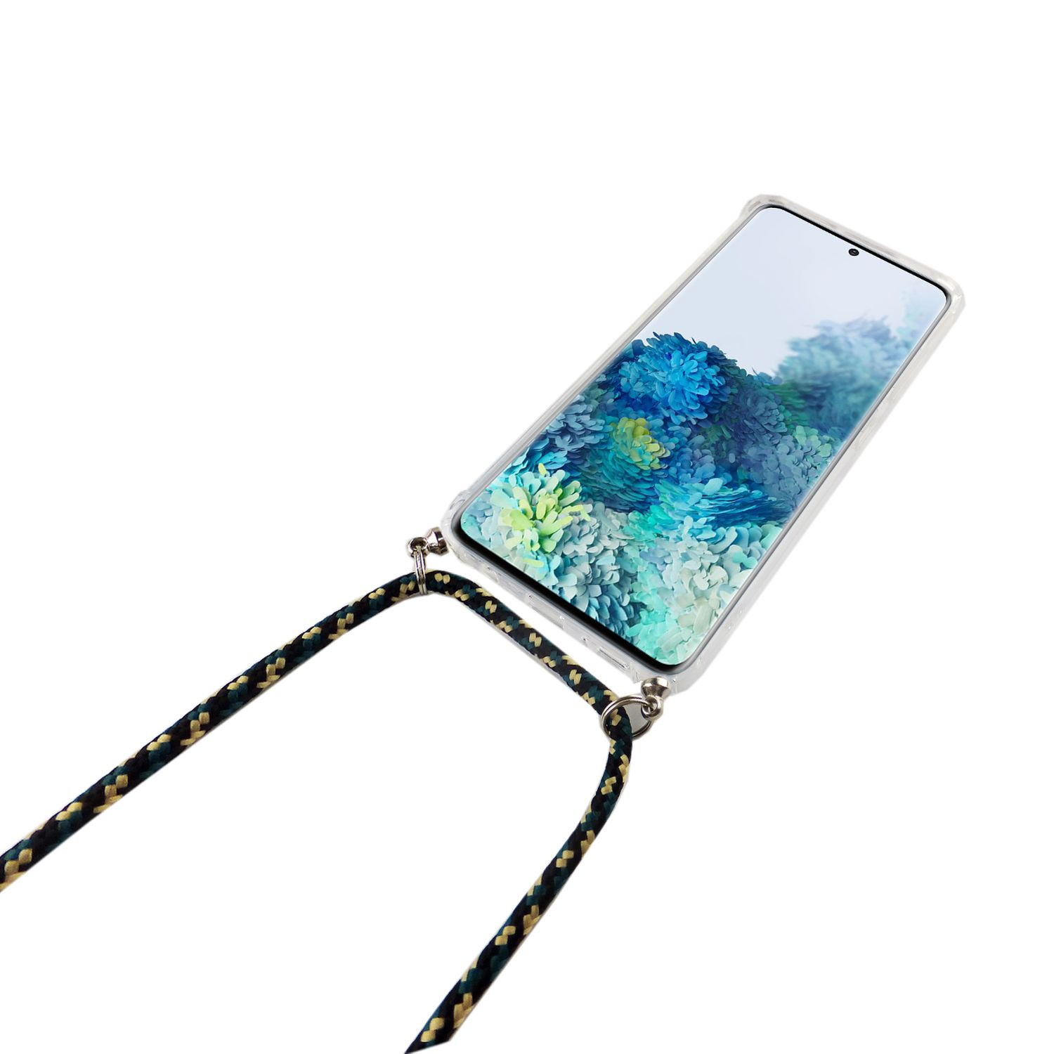 Ein Telefon in einer transparenten Hülle mit einem schwarz-gelben Umhängeband.
