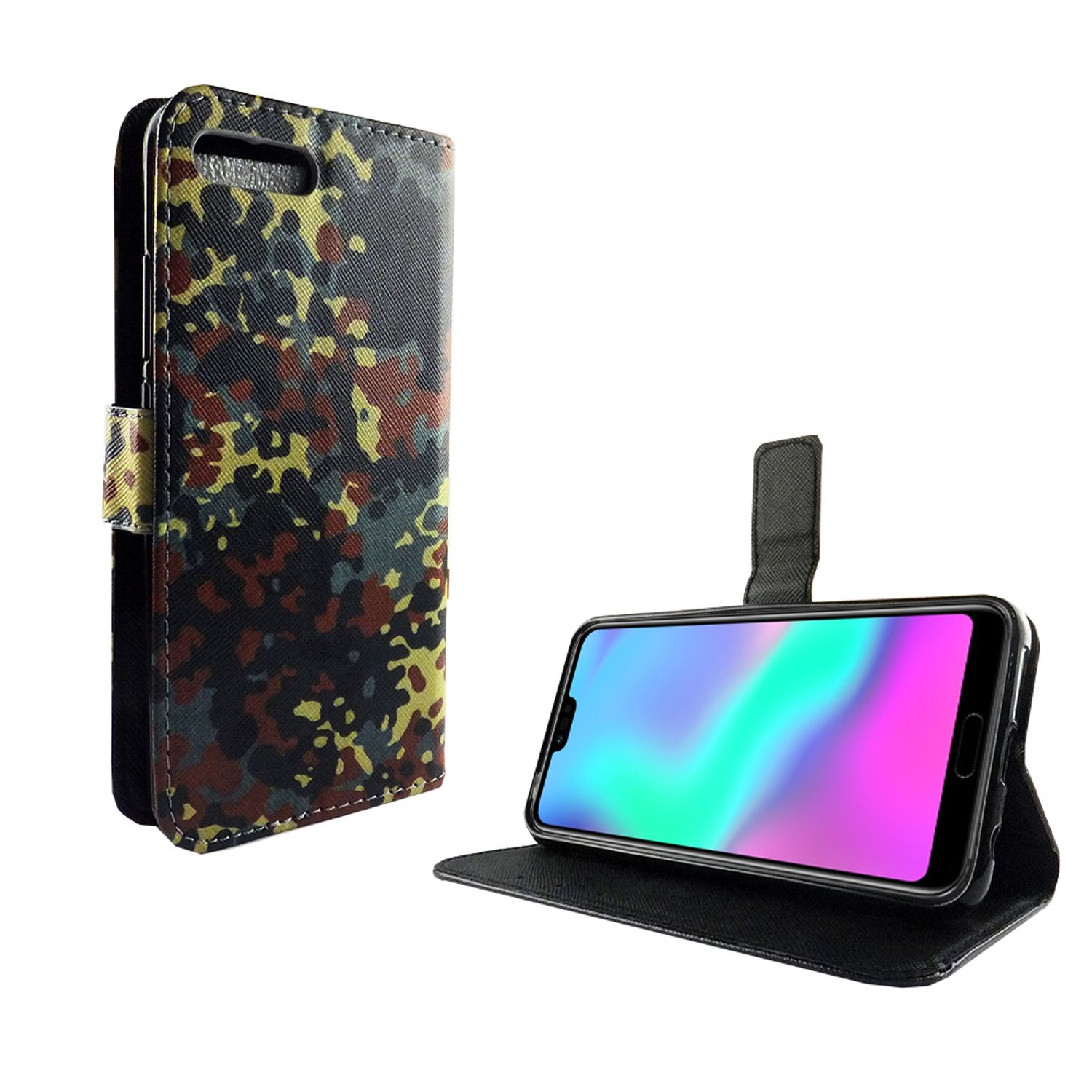 Handyhülle mit Tarnmuster. Ein Telefon ist mit farbenfrohem Bildschirm sichtbar.