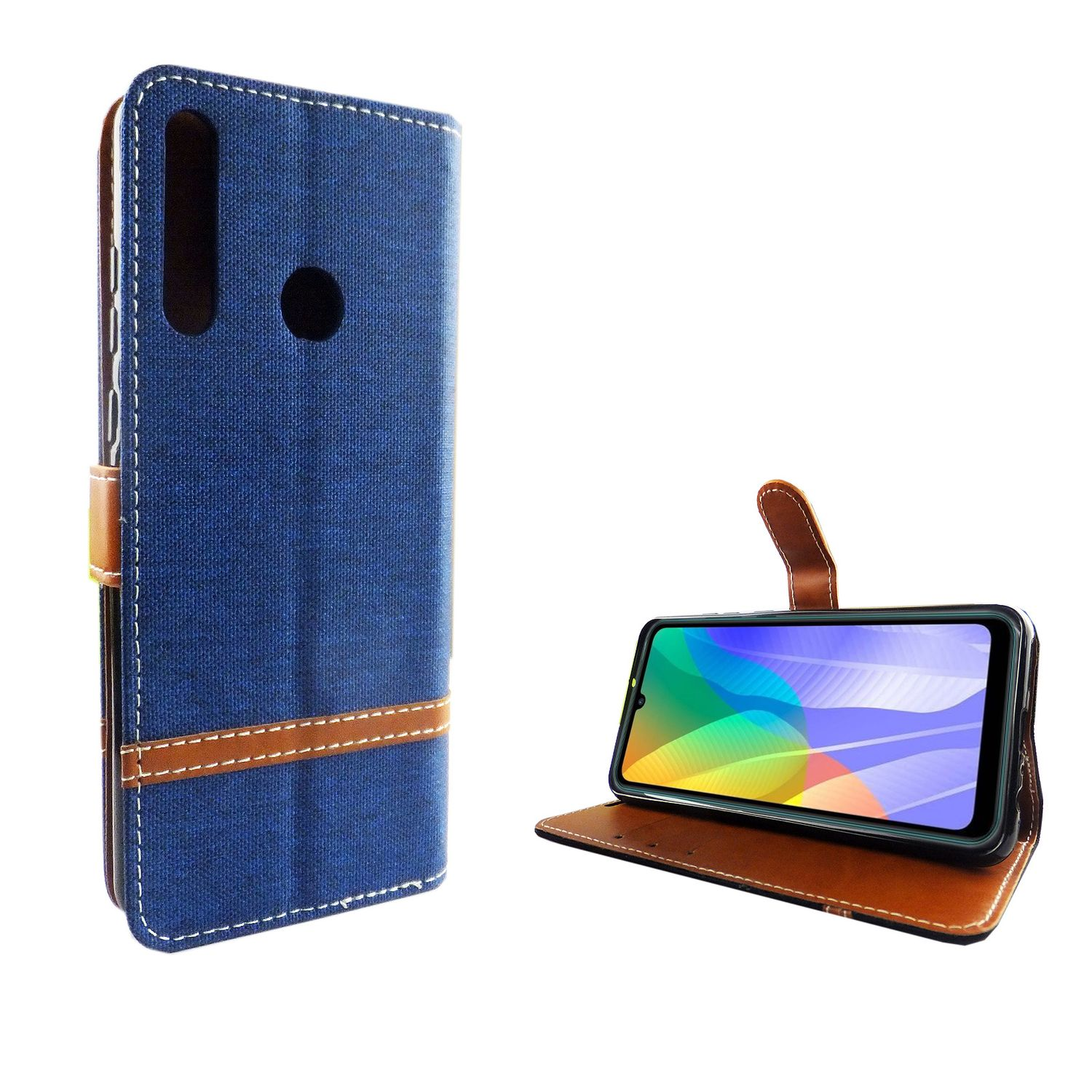 Blaue Handyhülle mit braunem Riemen. Das Telefon ist sichtbar.