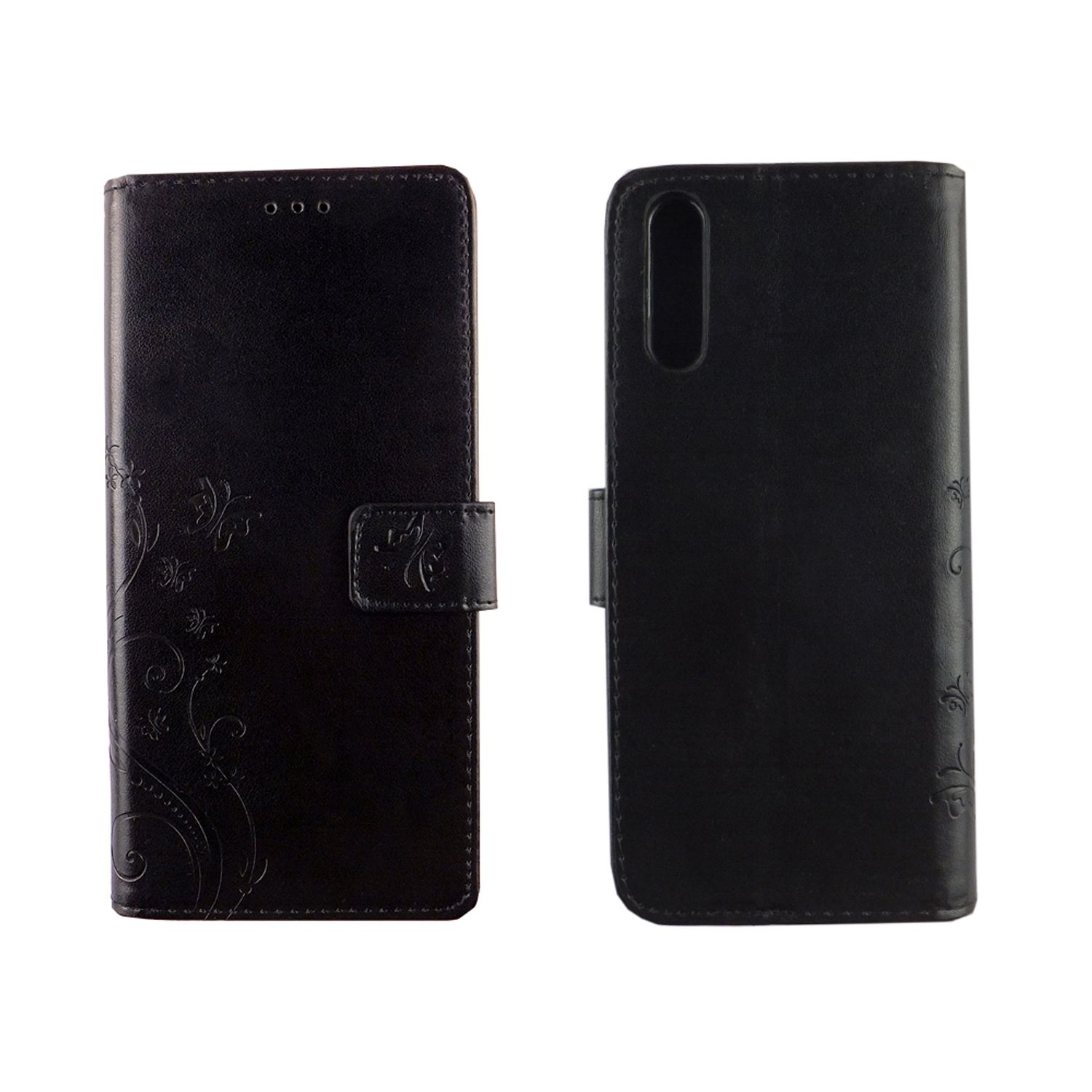 Schwarze Handyhülle mit floralem Design und Magnetverschluss. Isoliert auf weißem Hintergrund.