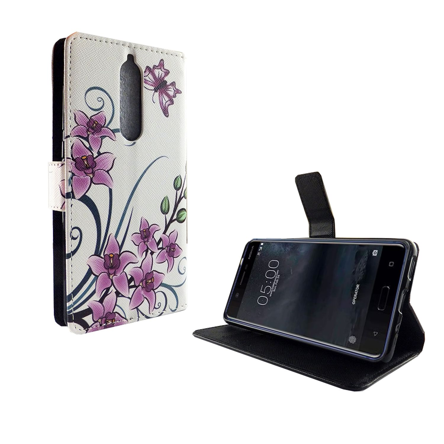 Weiße Handyhülle mit lila Blumendesign. Telefon auf Ständer. Schwarzer Bildschirm. Schwarzer Hintergrund.