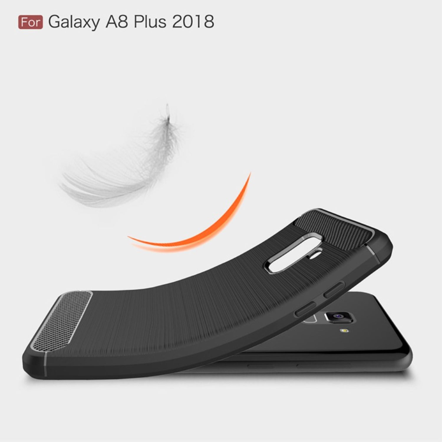 Schwarze Handyhülle mit schwarzem Telefon. Eine Feder und orange Linie sichtbar. Weißer Hintergrund.