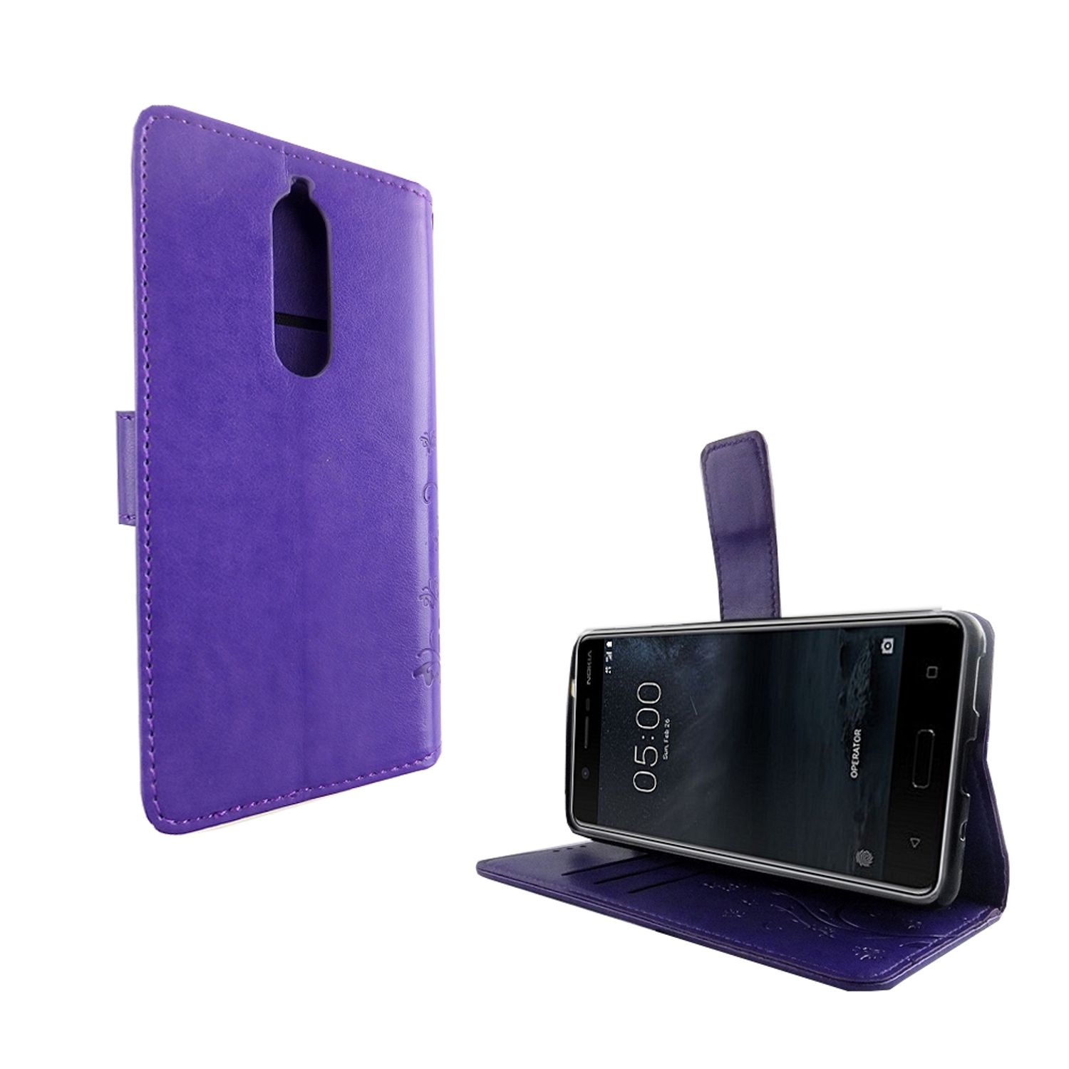 Lila Handyhülle offen und zeigt ein Telefon mit einem Bildschirm. Die Benutzeroberfläche des Telefons wird auf dem Bildschirm angezeigt.