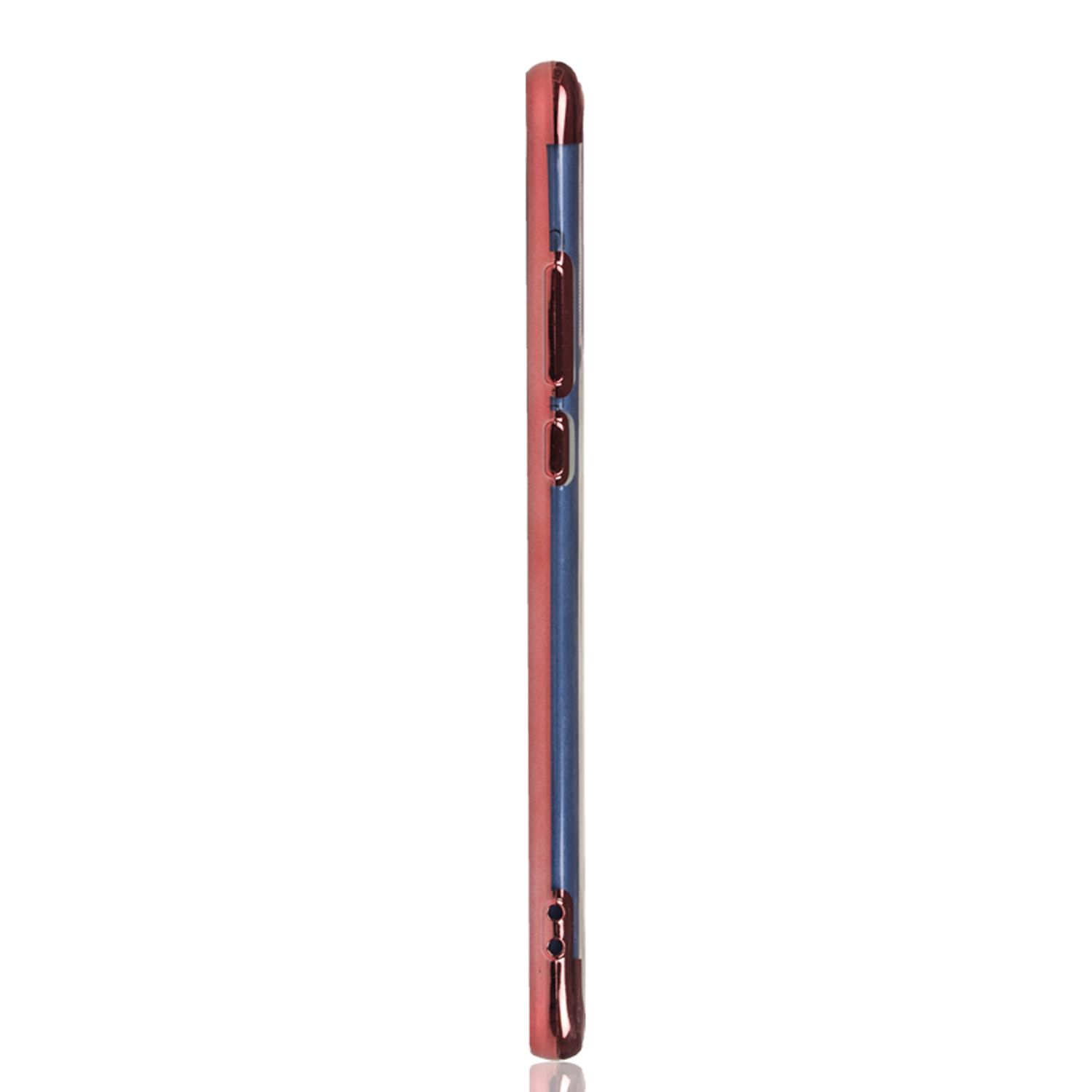 Seitenansicht der Handyhülle. Rote und blaue Farben. Knöpfe an der Seite. Weißer Hintergrund.