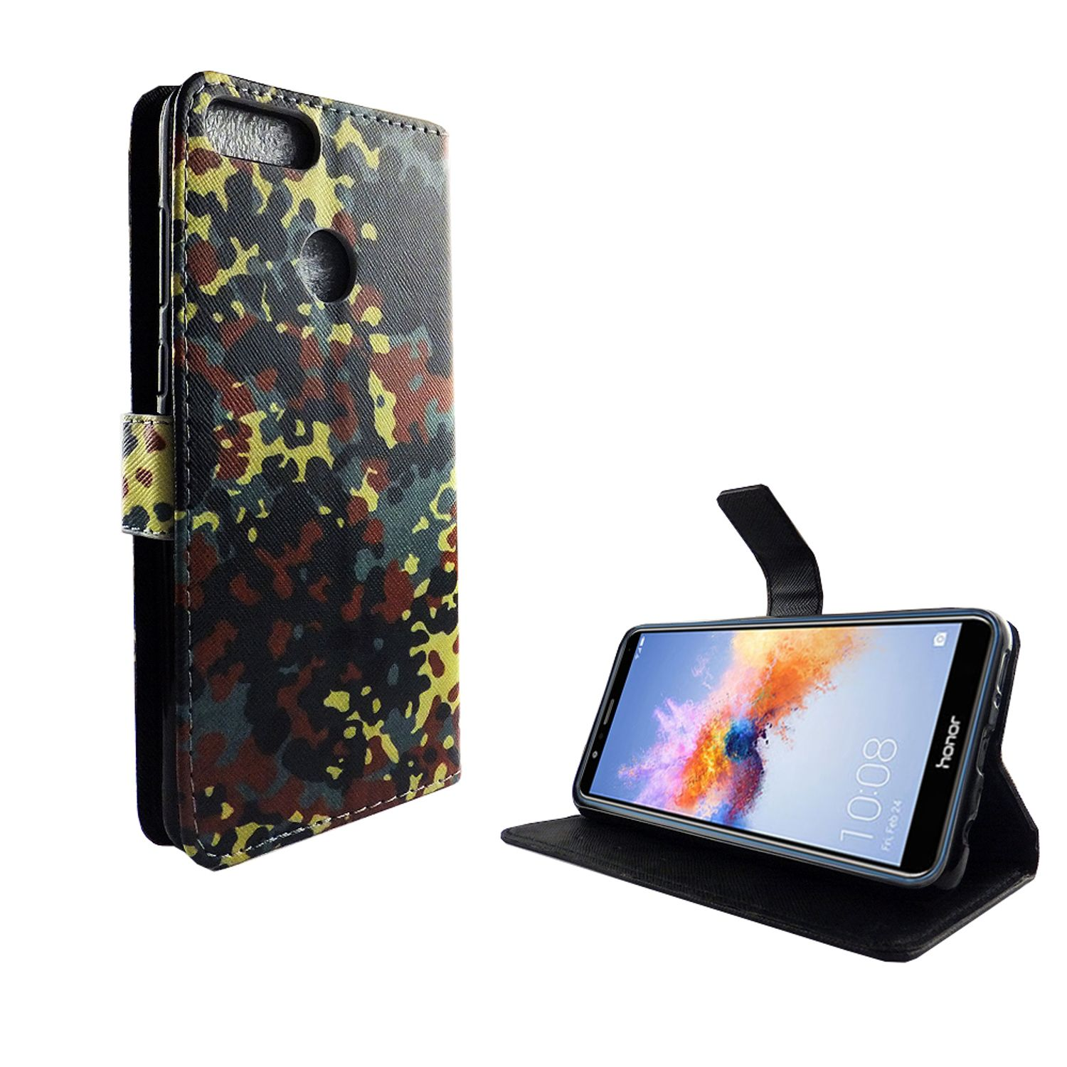 Tarnmuster-Handyhülle mit Telefon. Das Telefon ist geöffnet, Bildschirm sichtbar. Case auf weißem Grund.