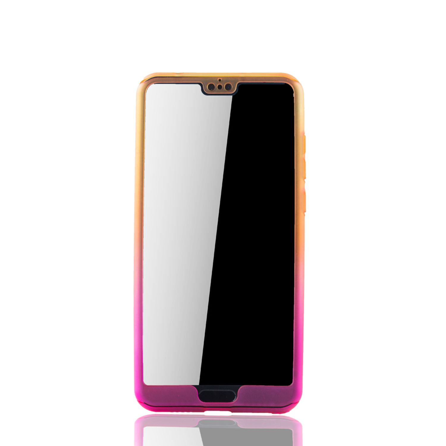 Ein Telefon mit einem orange-rosa farbenen Rahmen. Weißer Hintergrund.