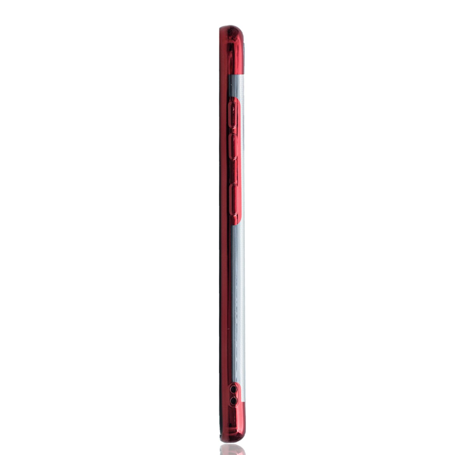 Rote Handyhülle Seitenansicht. Schlankes Design. Weißer Hintergrund.