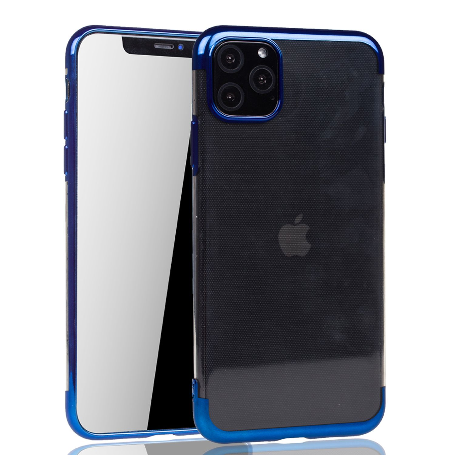 Schwarze Handyhülle mit blauem Rahmen. Weißer Bildschirm. Apple-Logo sichtbar. Weißer Hintergrund.