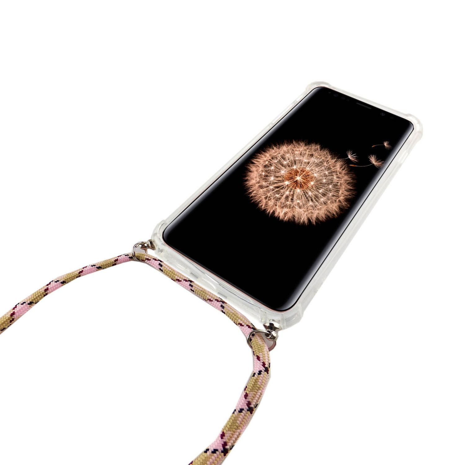 Transparente Handyhülle mit floralem Design, um ein Telefon mit Riemen.