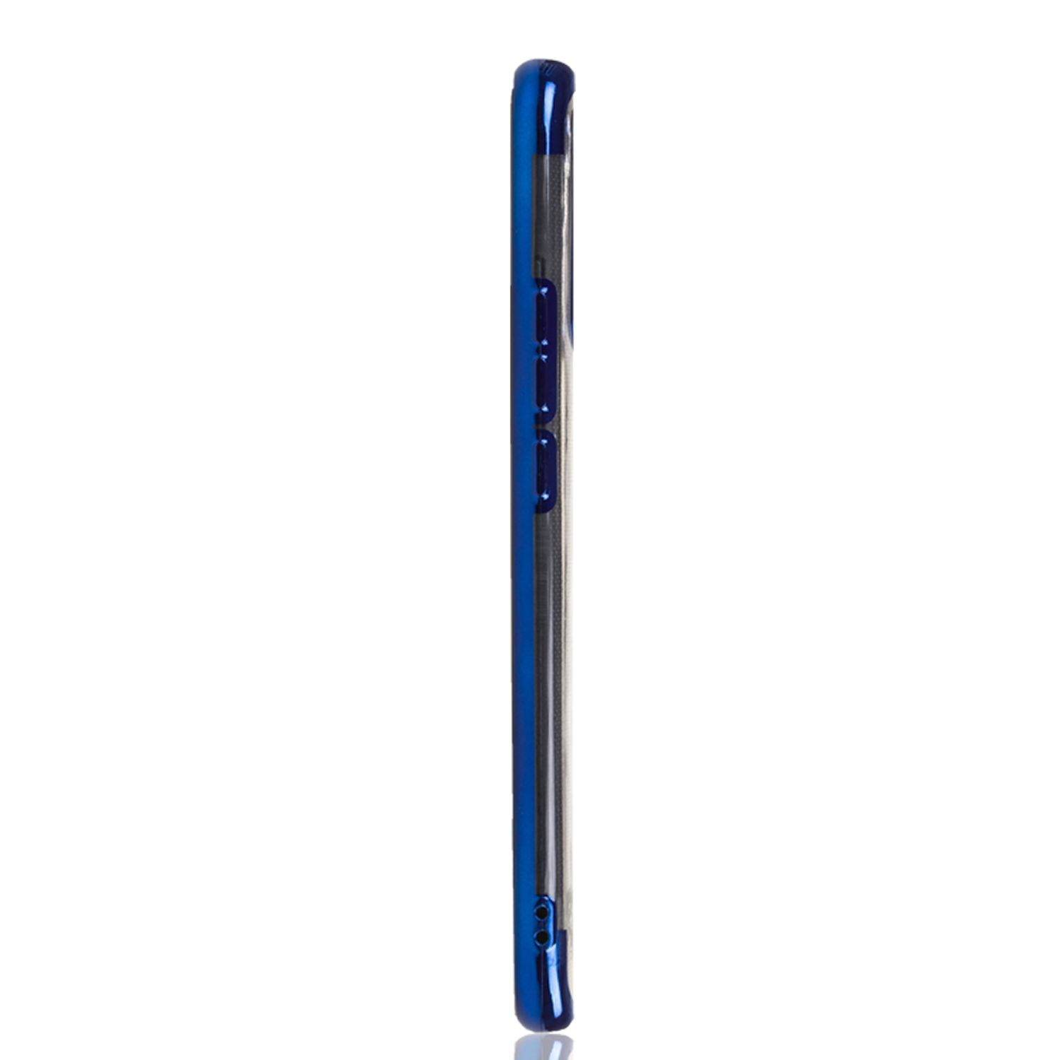 Eine blaue Telefonseitenansicht. Es hat Knöpfe an der Seite und eine glatte Oberfläche.