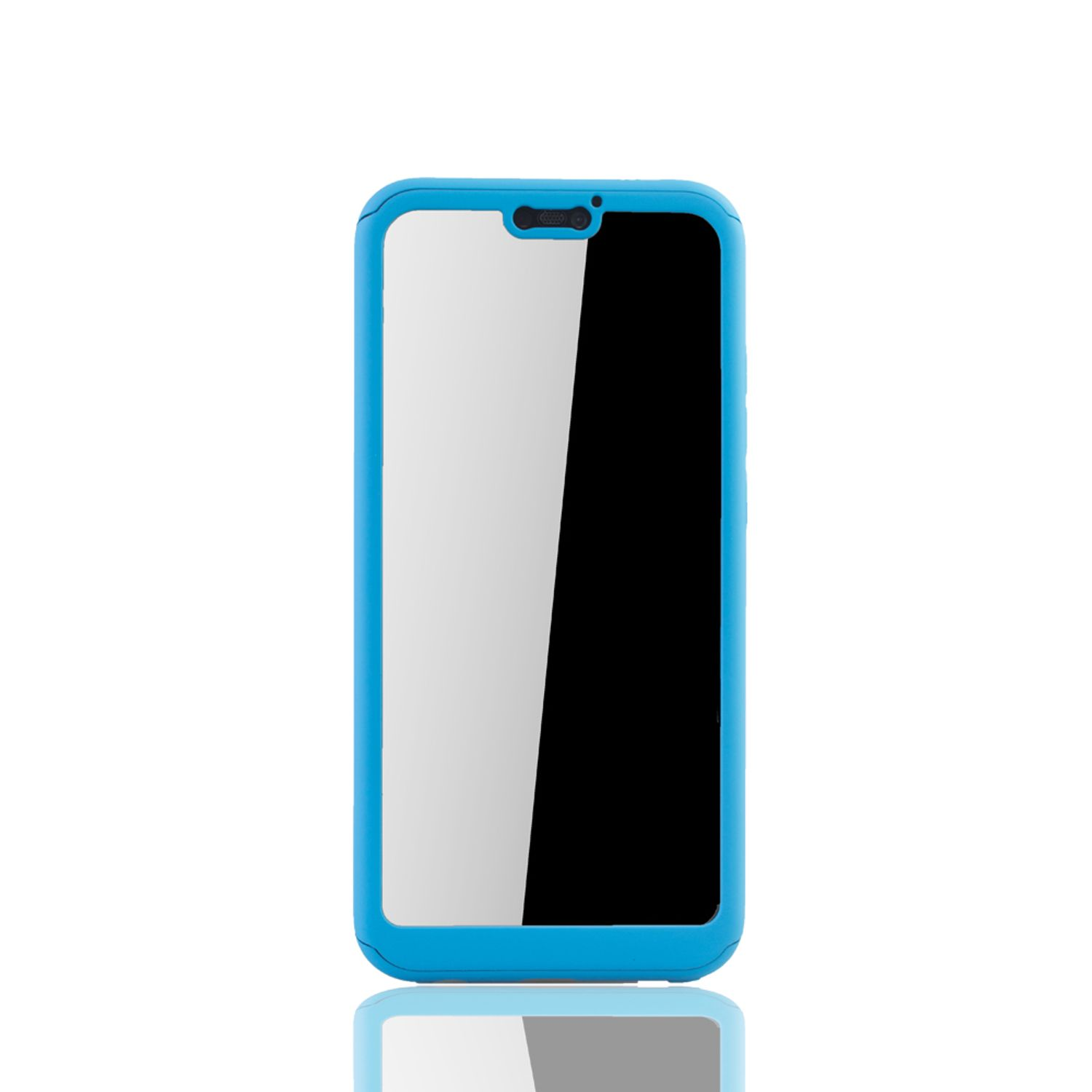 Blaue Handyhülle mit schwarzem Bildschirm. Das Telefon ist verspiegelt und auf weißem Hintergrund.