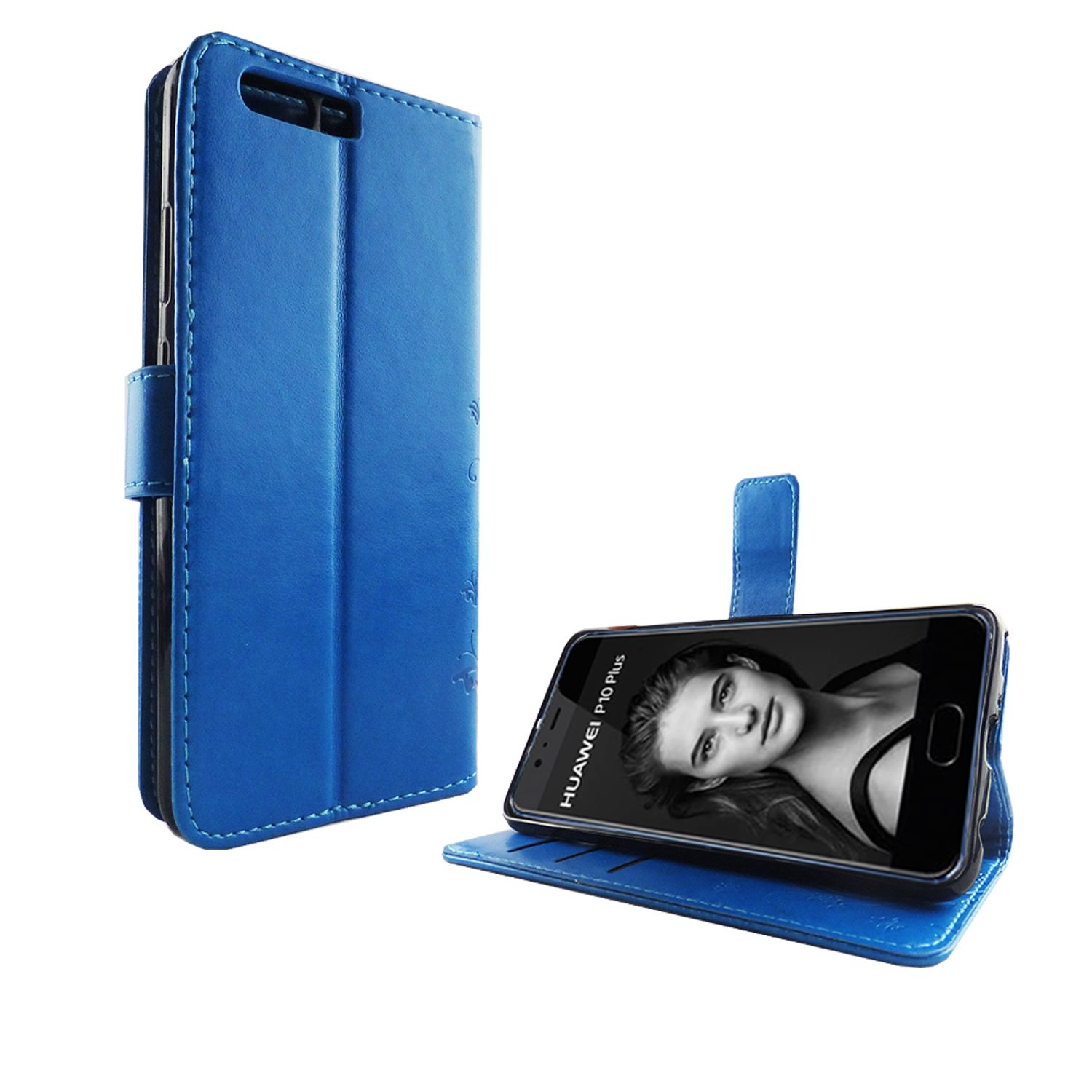 Blaues Handycase offen, zeigt ein Telefon mit Foto einer Frau, auf weißem Hintergrund.