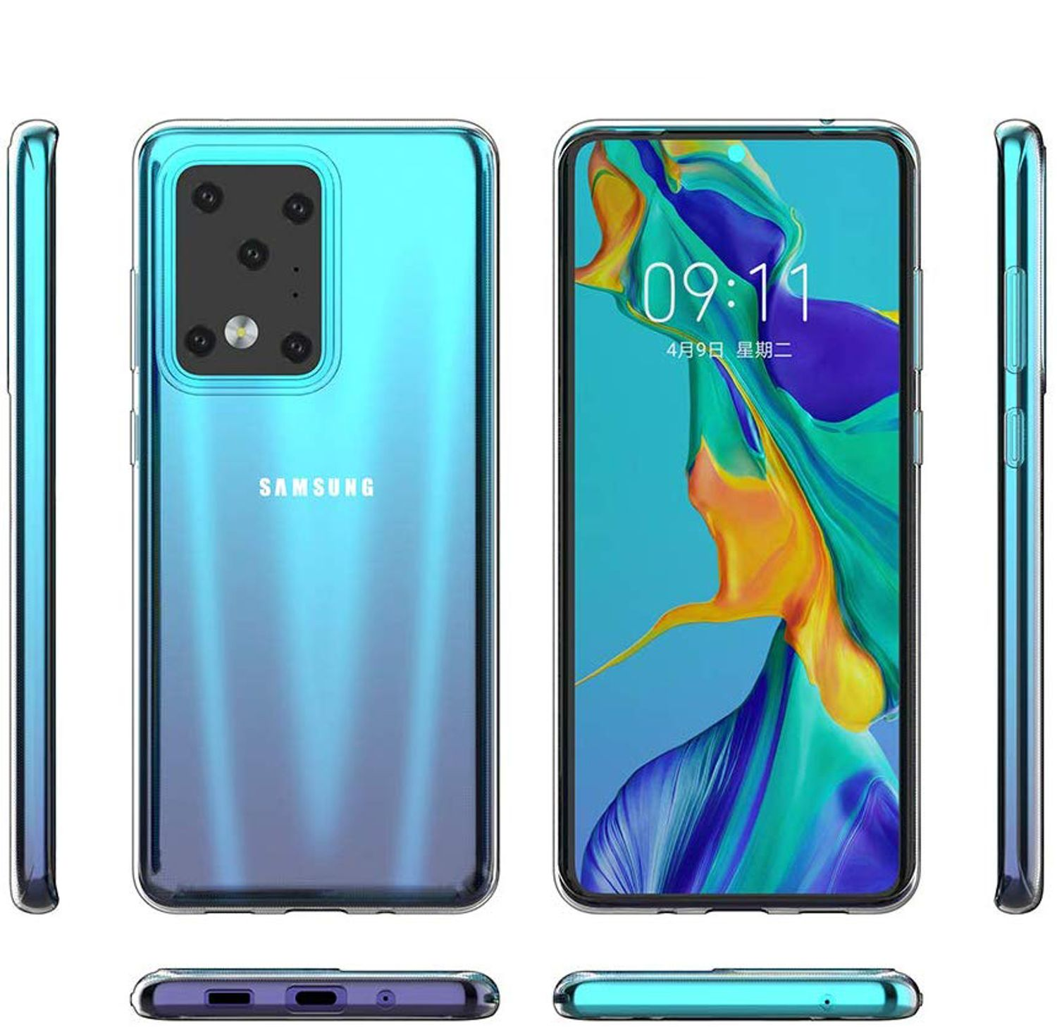 Telefon mit blau-lila Farbverlauf auf der Rückseite, in einer transparenten Hülle.