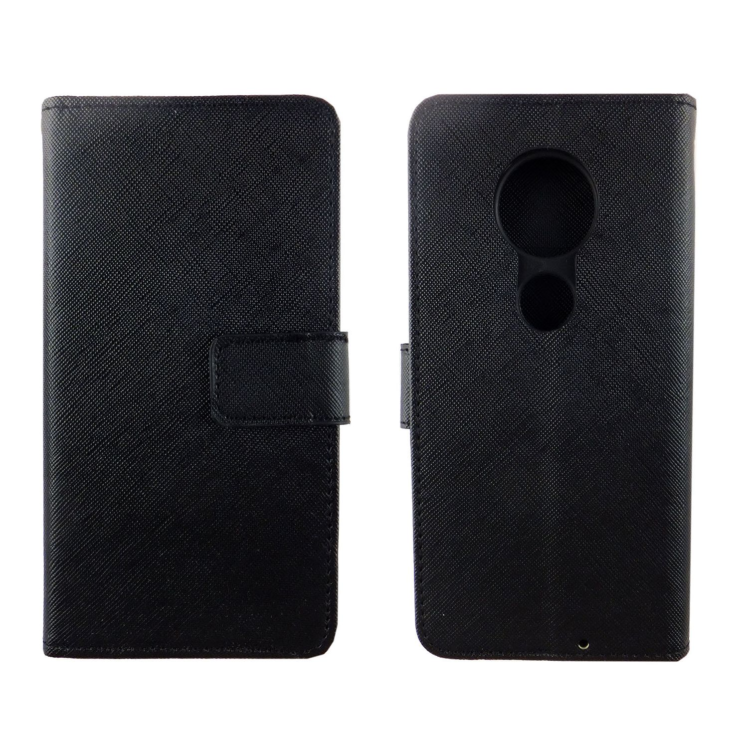 Schwarze Handyhülle, geschlossen. Weißer Hintergrund, schräge Ansicht, einfaches Design.