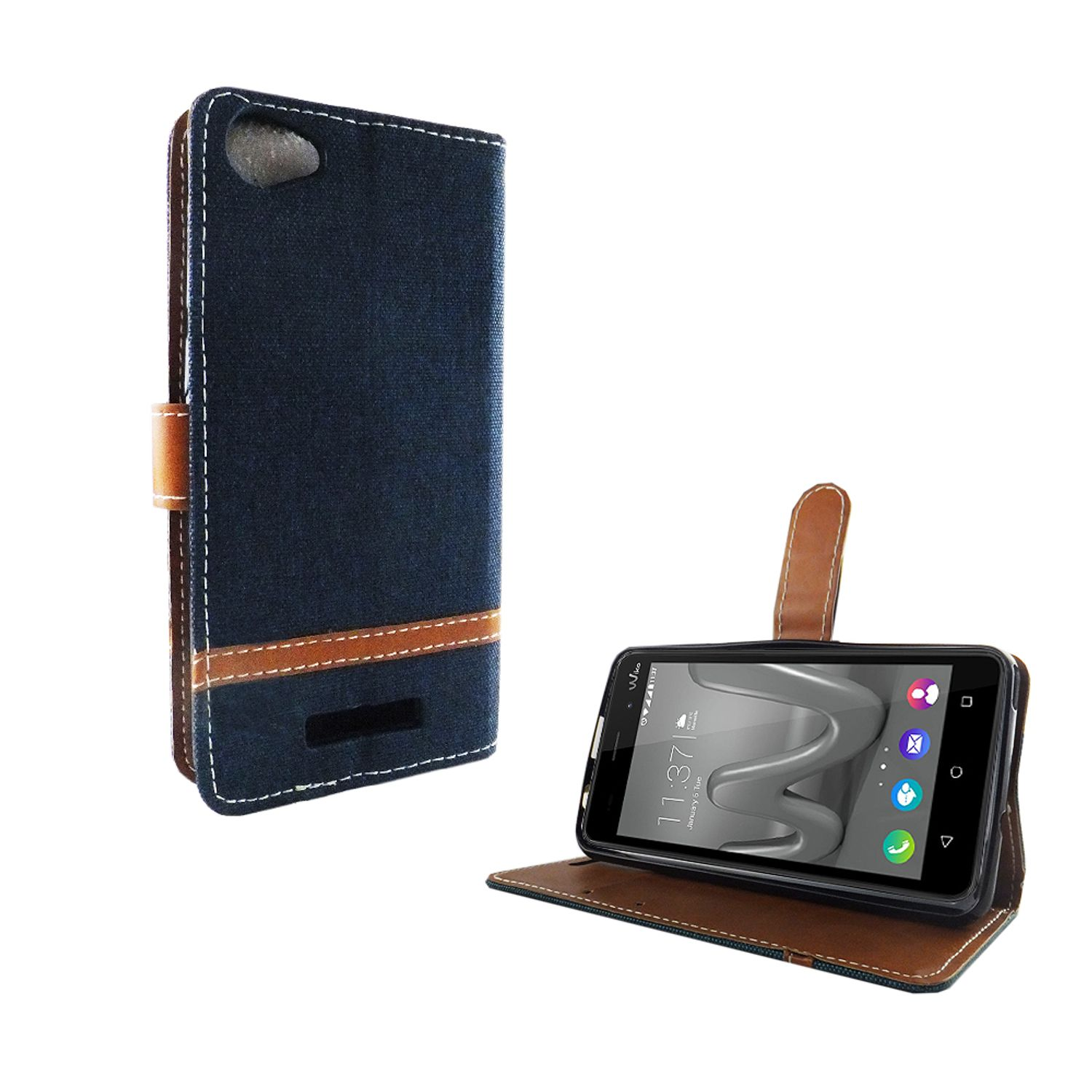 Blaue Jeans-Handyhülle, braune Lederakzente, Telefon mit App-Symbolen auf dem Bildschirm.