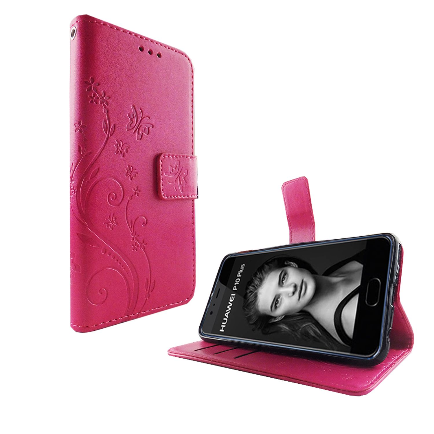 Pinke Handyhülle mit Blumendesign. Telefon auf Ständer mit Foto. Weißer Hintergrund.
