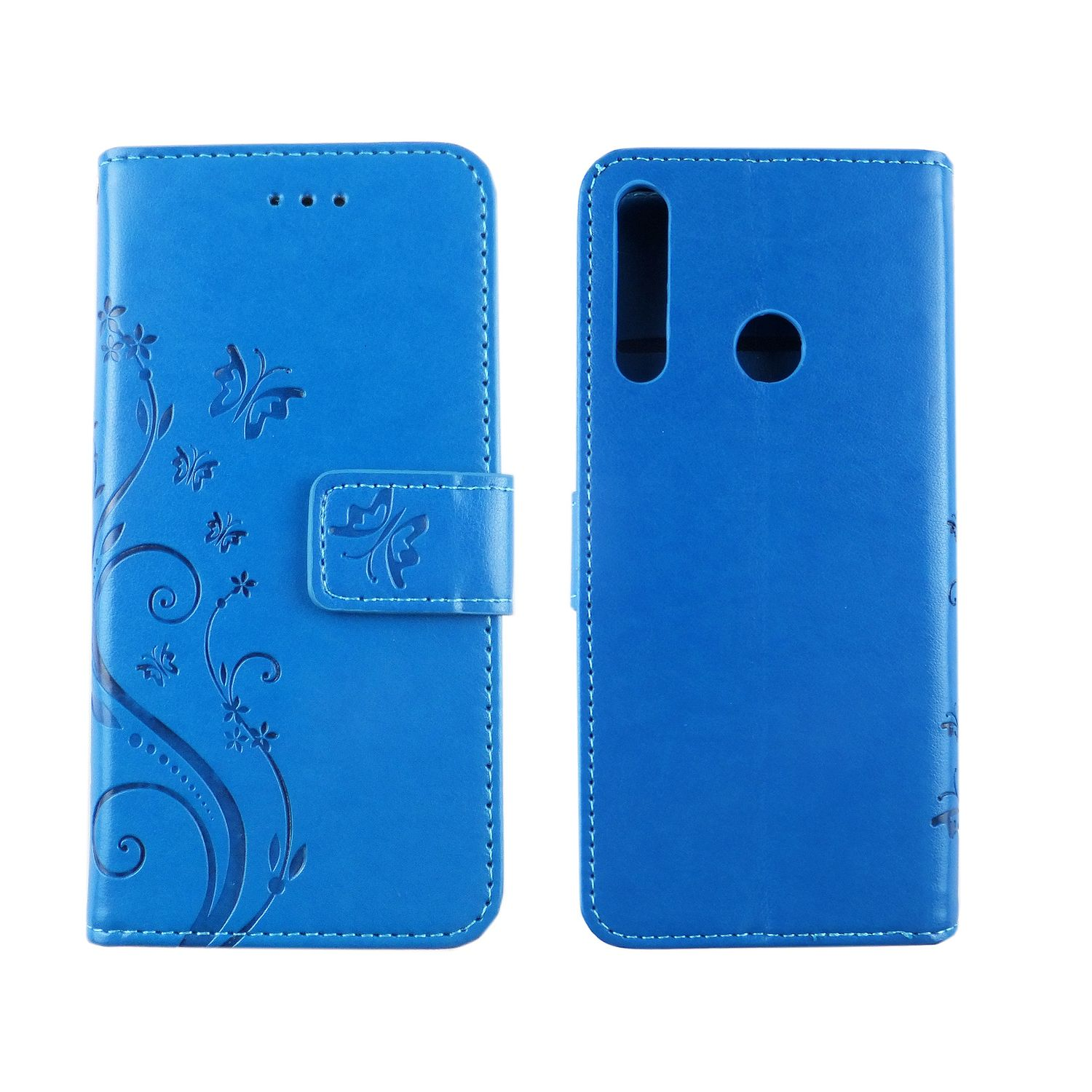 Blaue Handyhülle mit Blumendesign, geöffnet, um das Telefon zu zeigen. Weißer Hintergrund.