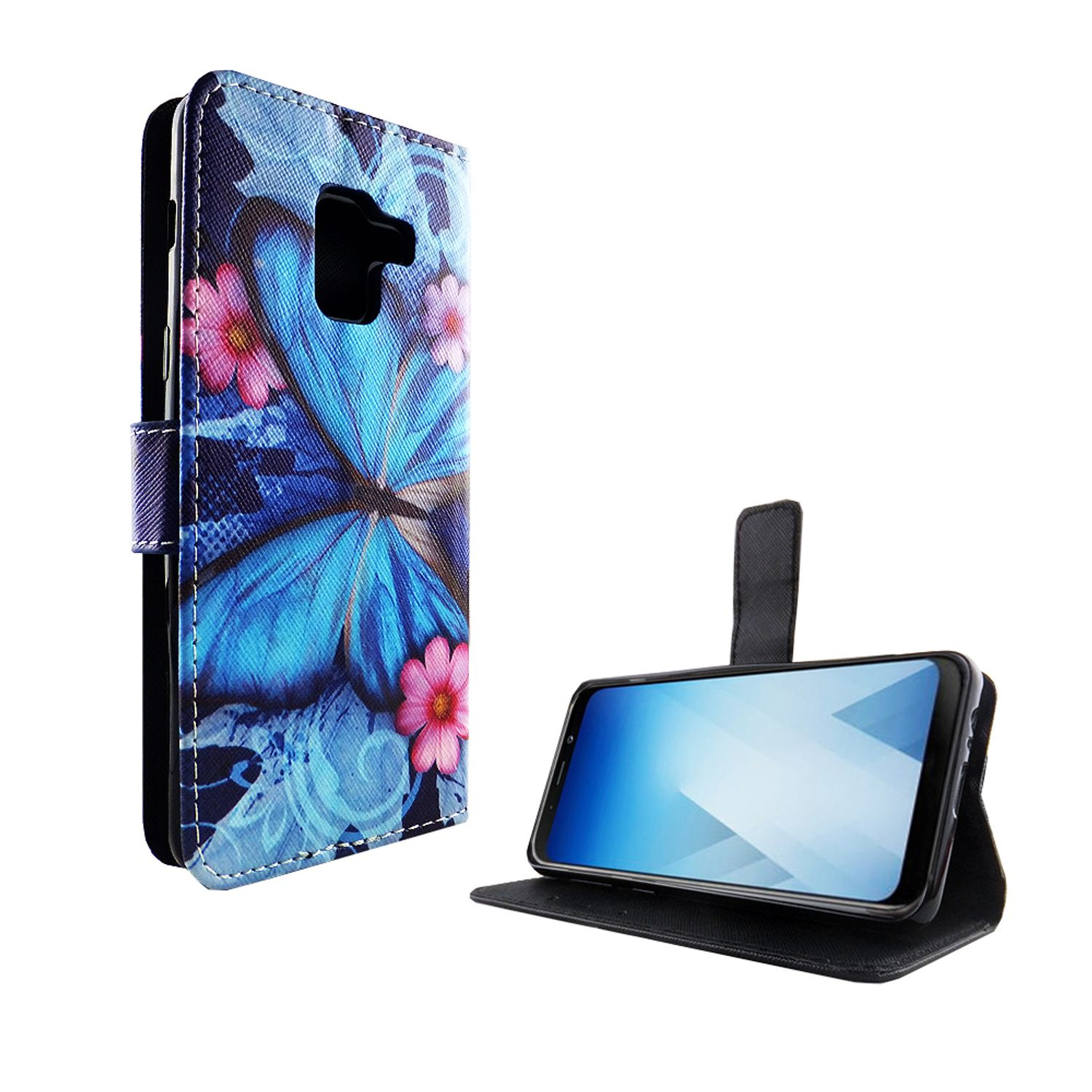 Blaues Schmetterlings-Handycase mit rosa Blumen. Das Telefon wird im geöffneten Case angezeigt.