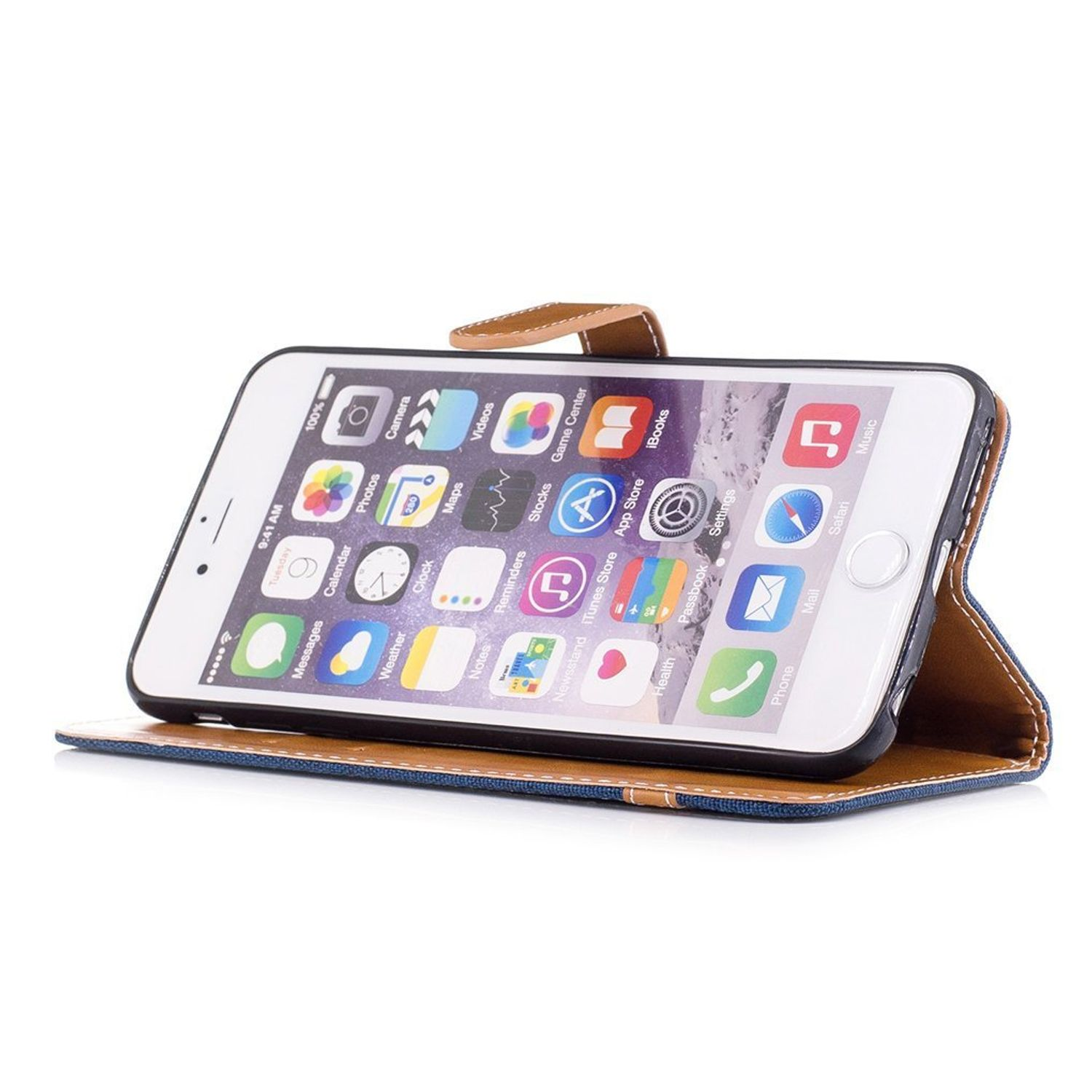 Telefon in einer blau-braunen Hülle. Der Bildschirm zeigt Symbole. Die Hülle hat einen Riemen.