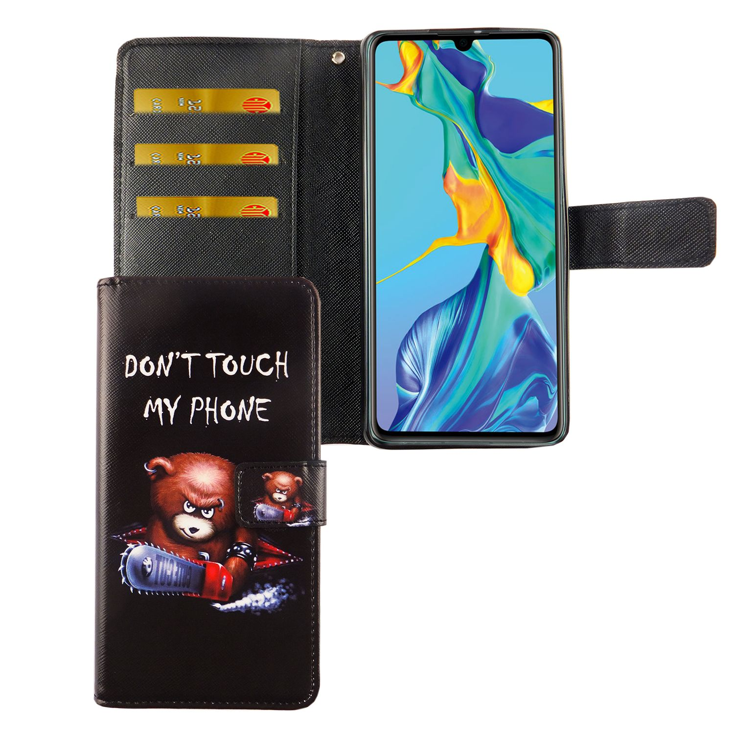 Handyhülle mit einem wütenden Bären, der eine Kettensäge hält, und dem Text 'DON'T TOUCH MY PHONE'. Telefon sichtbar.