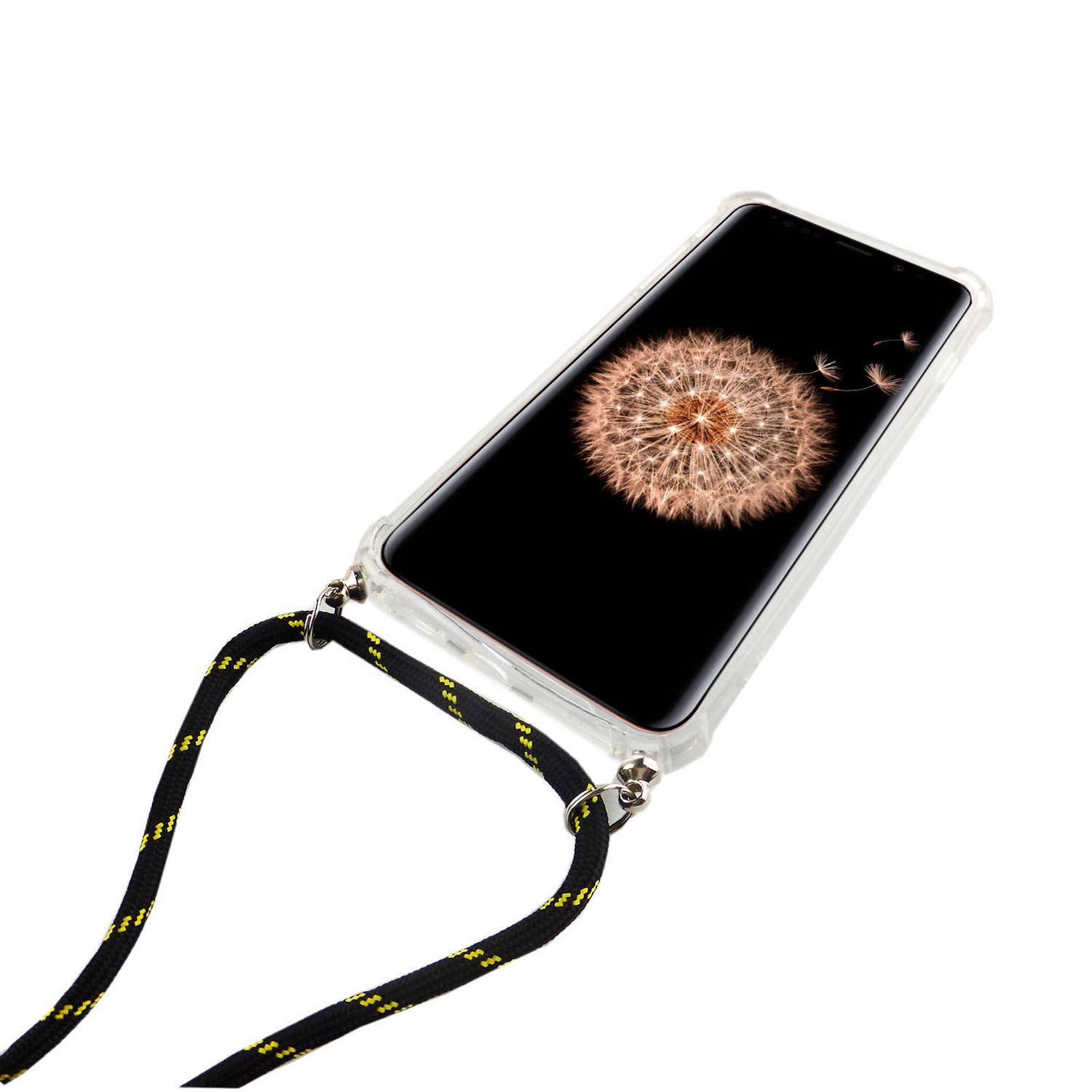 Ein Telefon in einer durchsichtigen Hülle mit einem Schlüsselband. Ein Löwenzahnsamen-Design ist auf dem Bildschirm. Weißer Hintergrund.