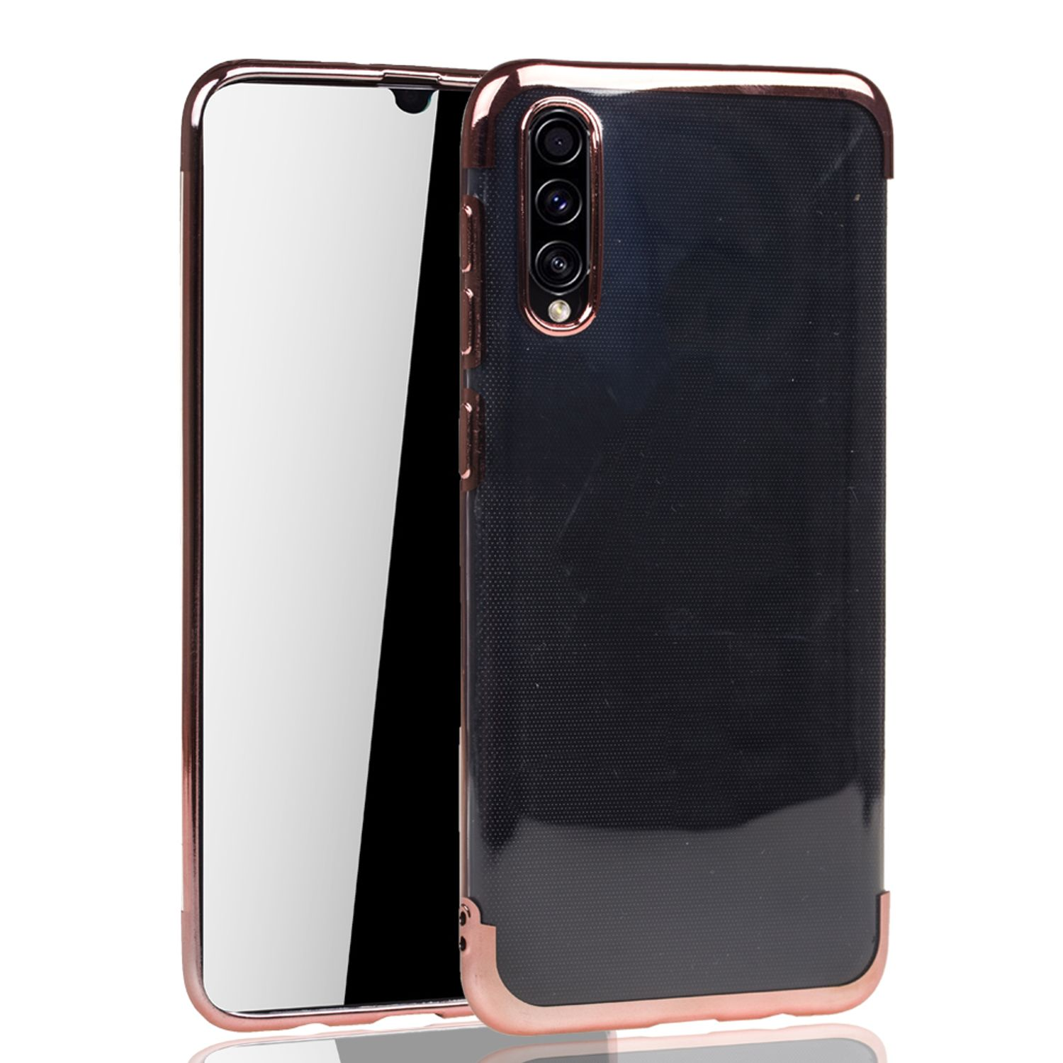 Schwarze Handyhülle mit roségoldfarbenem Rand. Hat eine Dreifachkamera und eine transparente Rückseite.
