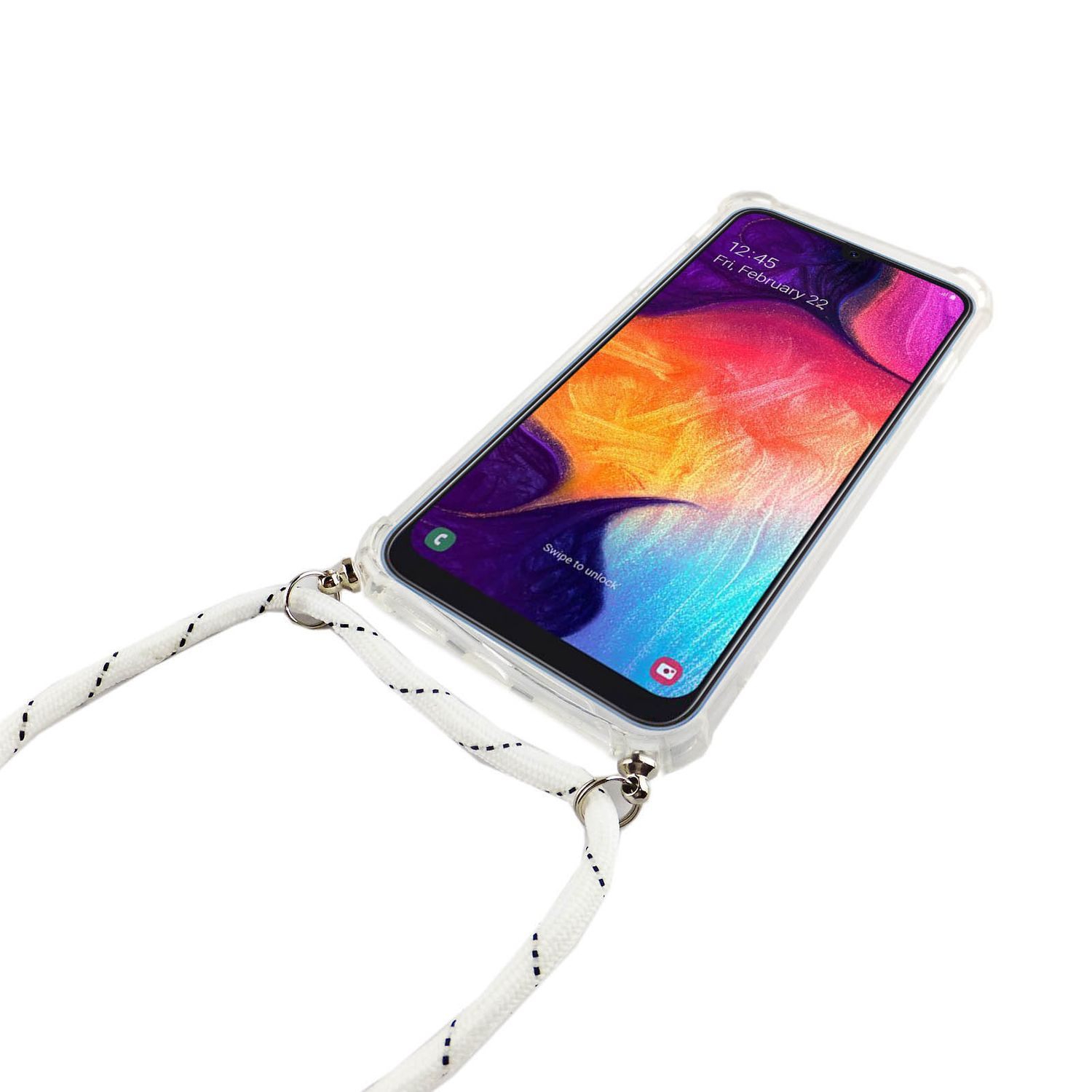 Telefon mit transparentem Gehäuse und weißem Riemen. Telefon zeigt Uhrzeit und Apps.