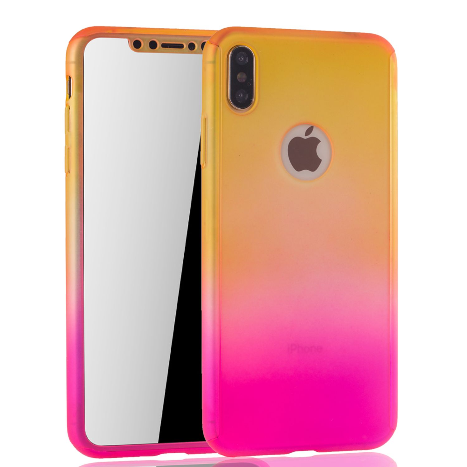 iPhone mit Farbverlaufshülle. Die Hülle wechselt von Gelb zu Pink. Der Telefonbildschirm ist sichtbar.