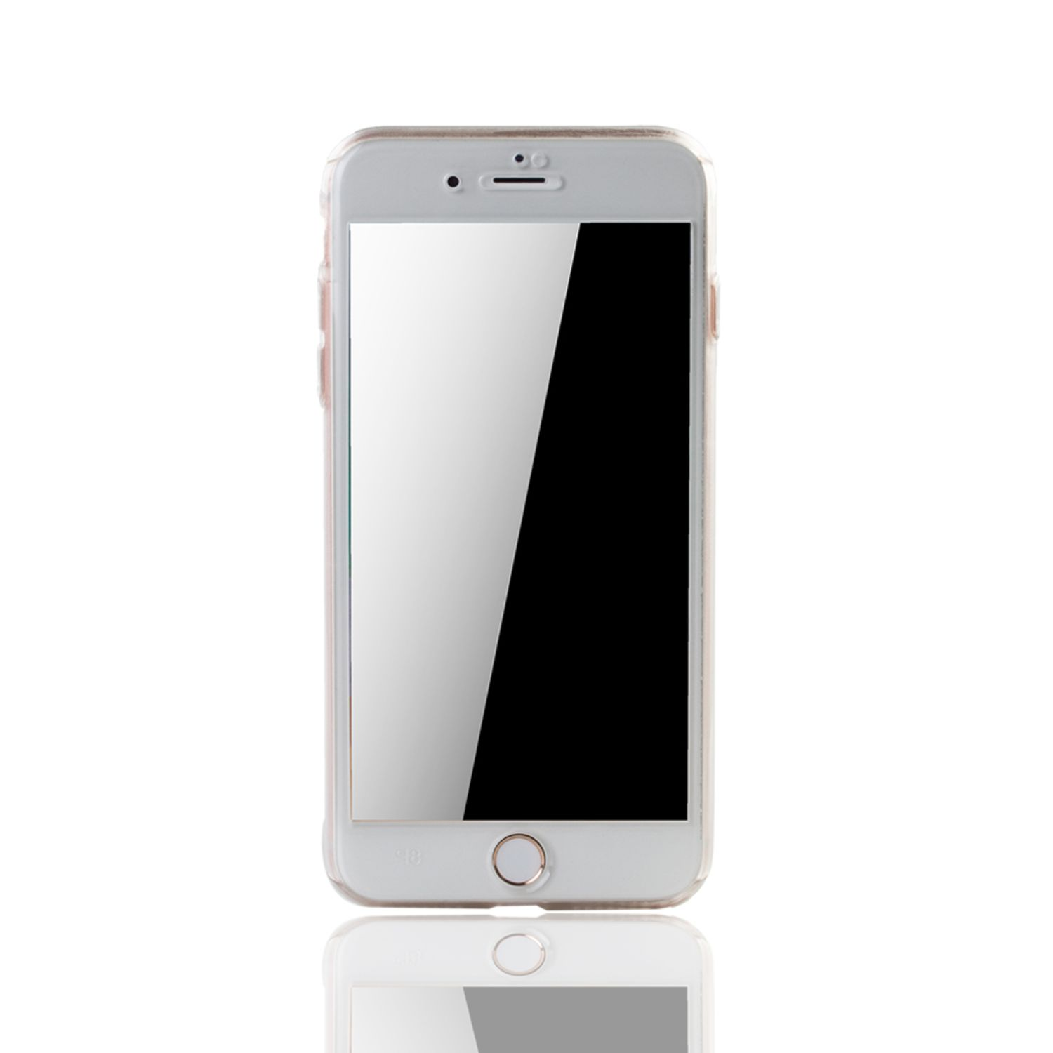 Ein weißes Smartphone mit schwarzem Bildschirm liegt auf einer weißen Oberfläche. Spiegelung sichtbar.