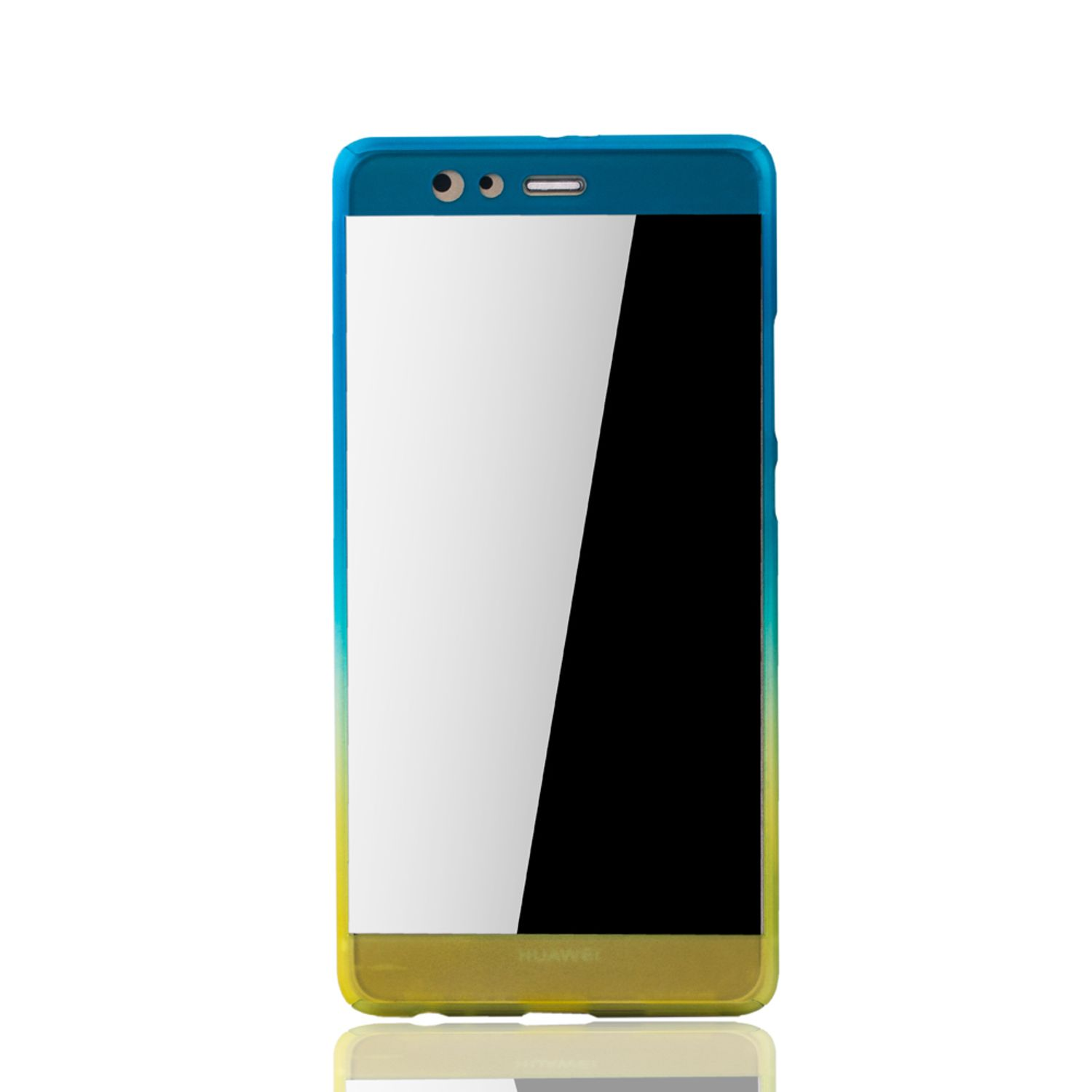 Handyhülle. Blau-Gelb-Verlauf. Telefonbildschirm schwarz. Weißer Hintergrund.