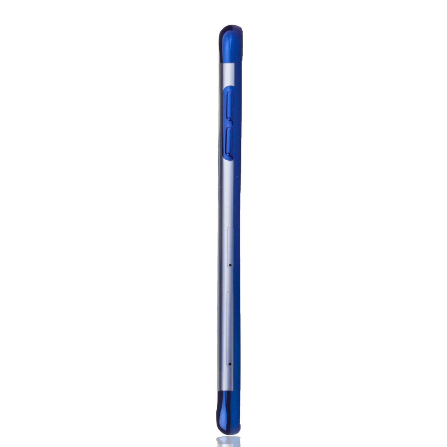 Blaue Handyhülle Seitenansicht. Der Bildschirm ist nicht sichtbar. Das Telefon ist dünn und blau.
