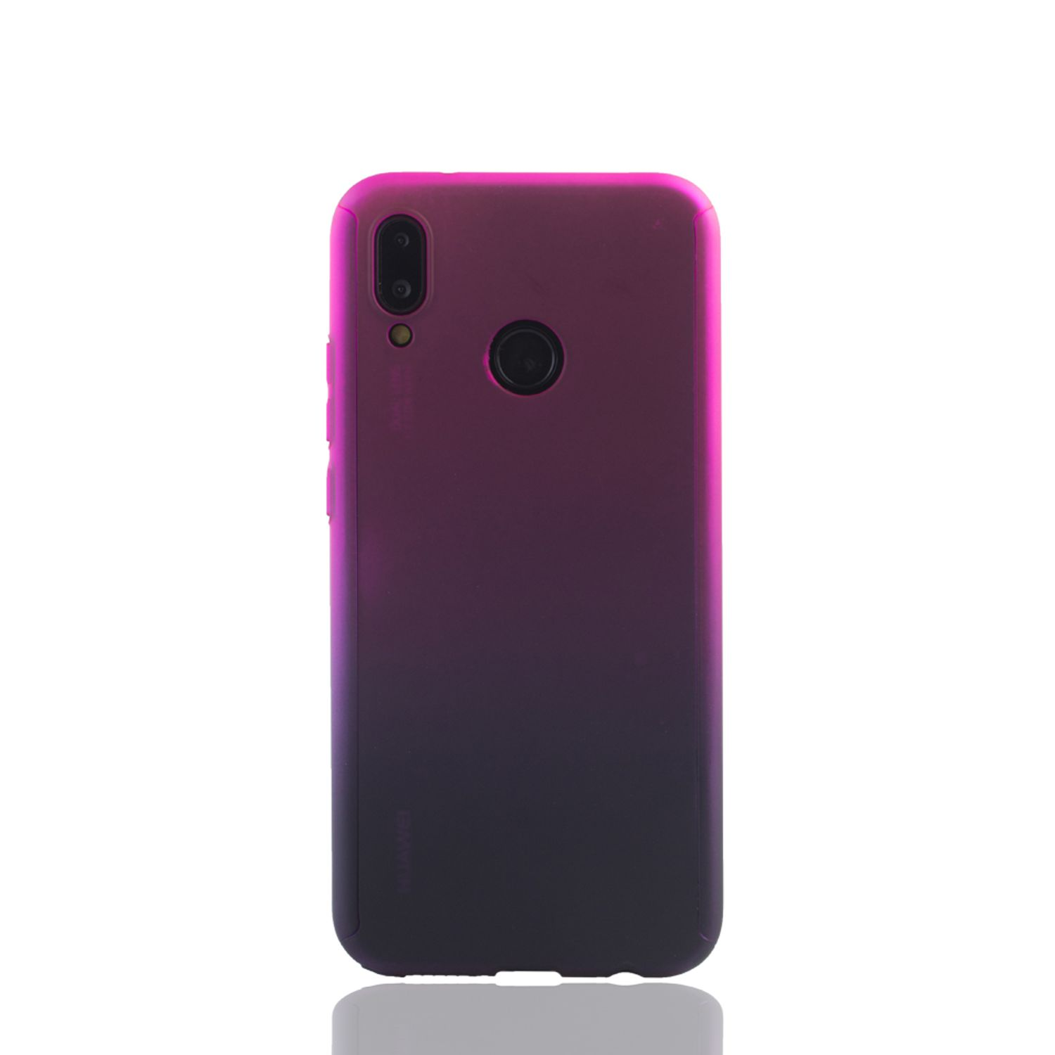 Lila und schwarze Handyhülle, Seitenansicht mit Kamera und Rückseite des Telefons.