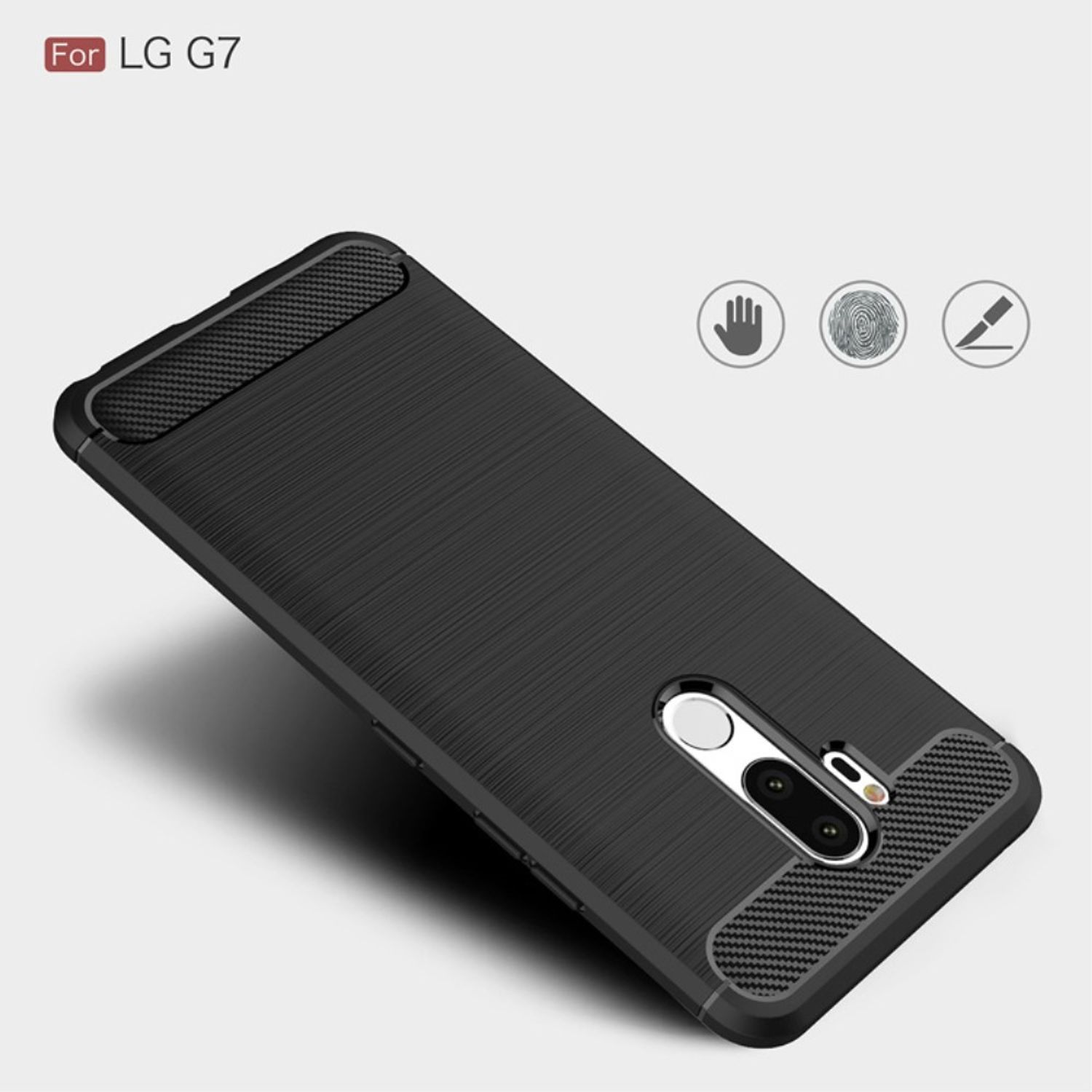 Schwarze Handyhülle für LG G7. Die Hülle hat Carbonfaser-Akzente und Icons für rutschfest, Fingerabdruck und Kratzer.