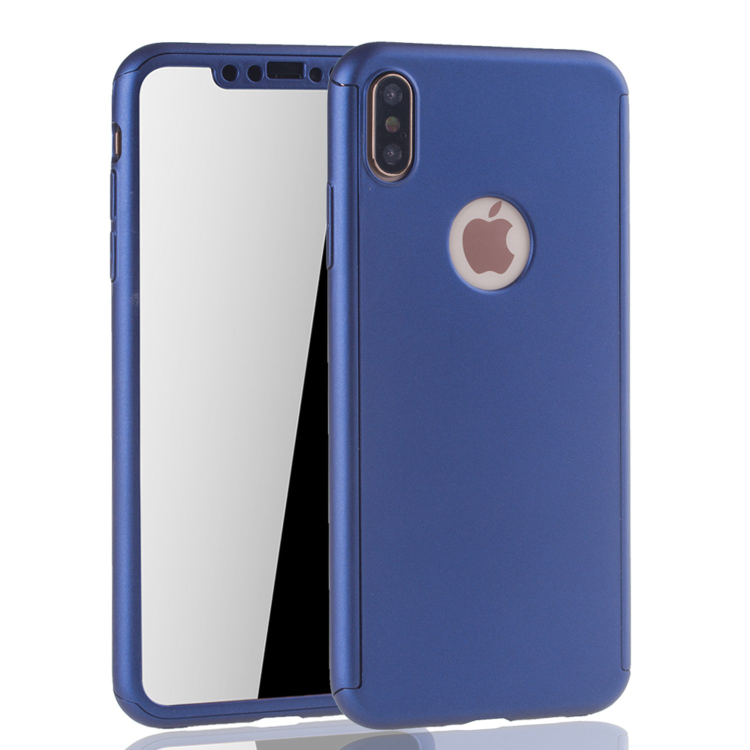 Blaue Handyhülle mit einem Apple-Logo-Ausschnitt. Das Telefon befindet sich in der Hülle, auf weißem Hintergrund.