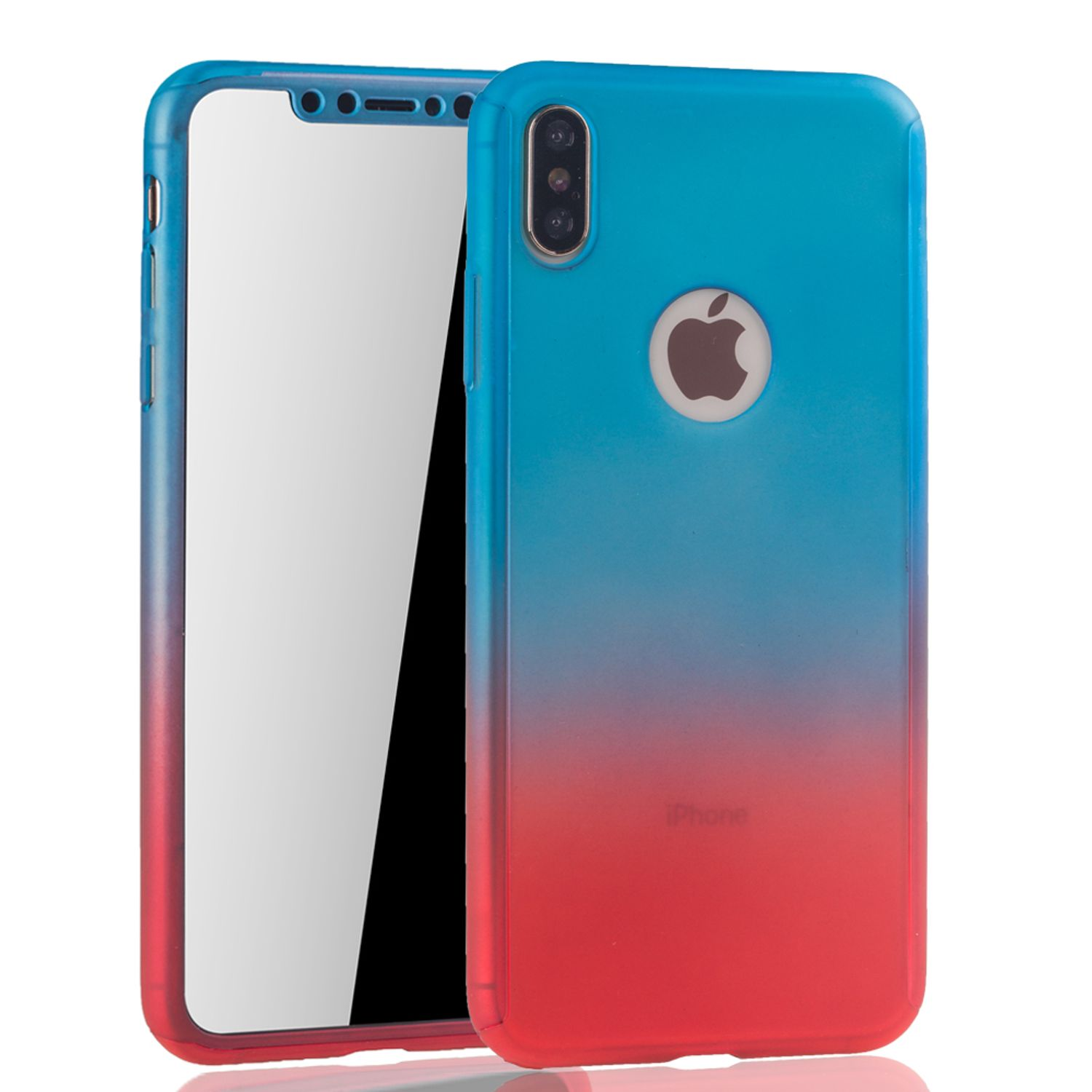 Ein Telefon in einer blau-rotfarbenen Hülle. Der Bildschirm ist schwarz, die Hülle hat das iPhone-Logo.