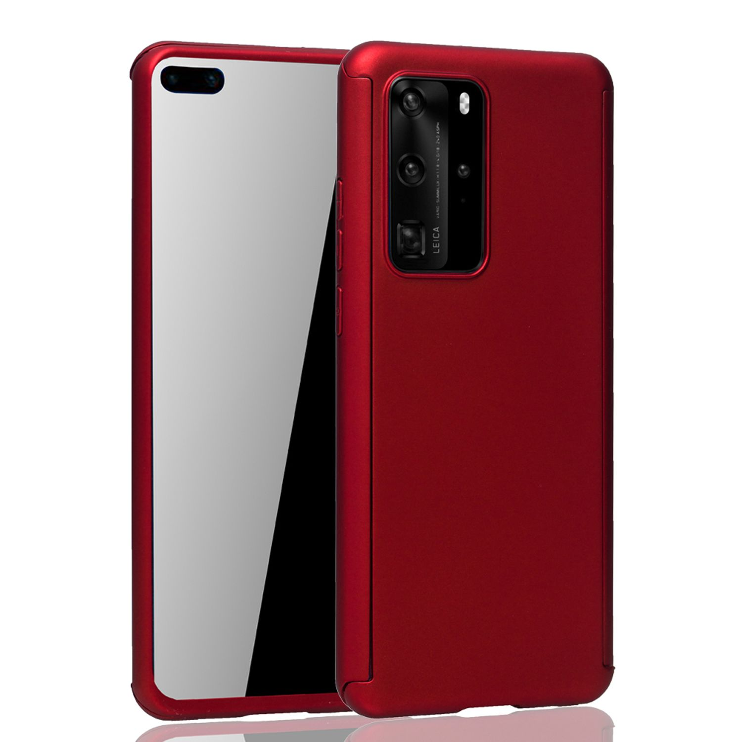 Rote Handyhülle mit einem Telefon darin. Die Rückseite der Handyhülle ist sichtbar.