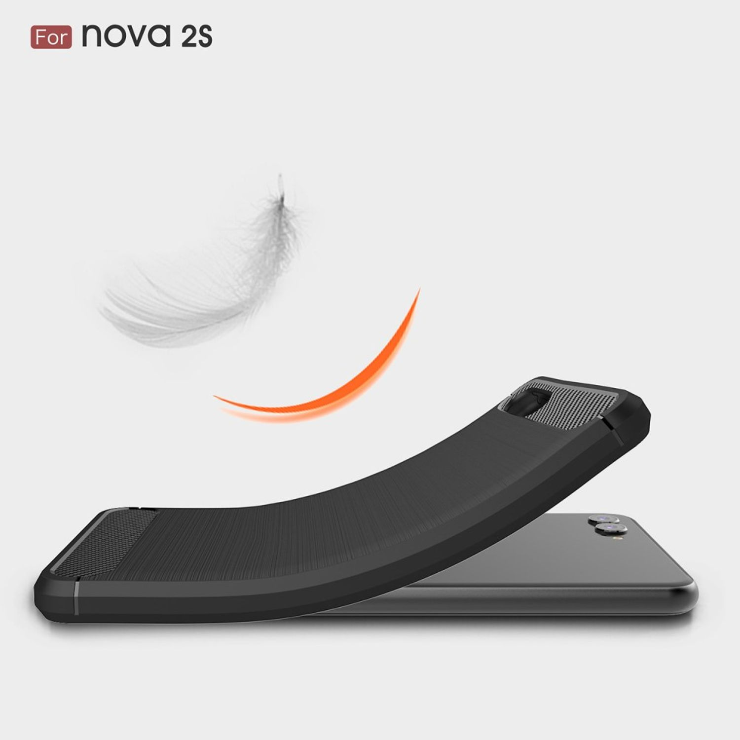 Schwarze Handyhülle mit gebogenem Design, einem orangefarbenen Bogen und einer Feder auf weißem Hintergrund.