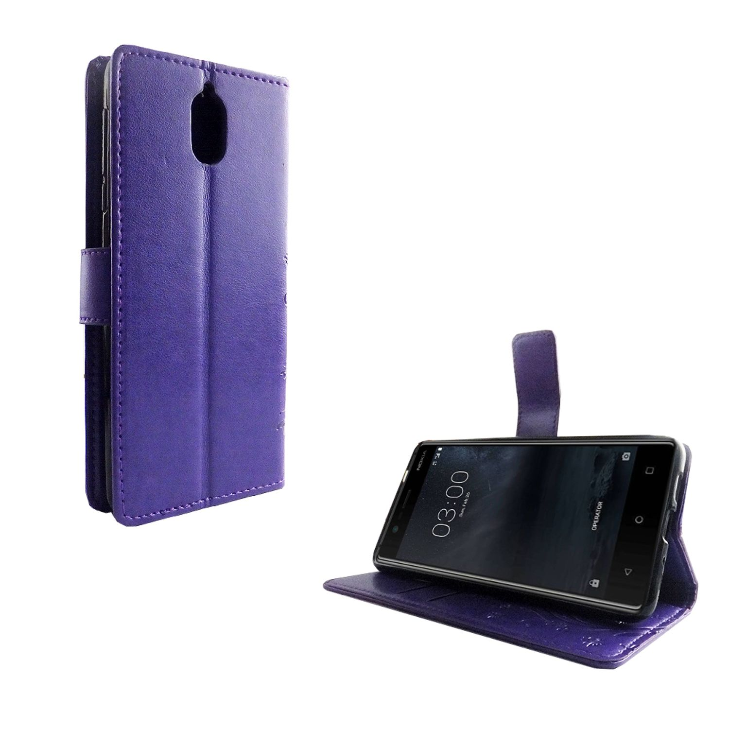 Lila Handyhülle mit Telefon, geöffnet. Das Telefon zeigt einen schwarzen Bildschirm.