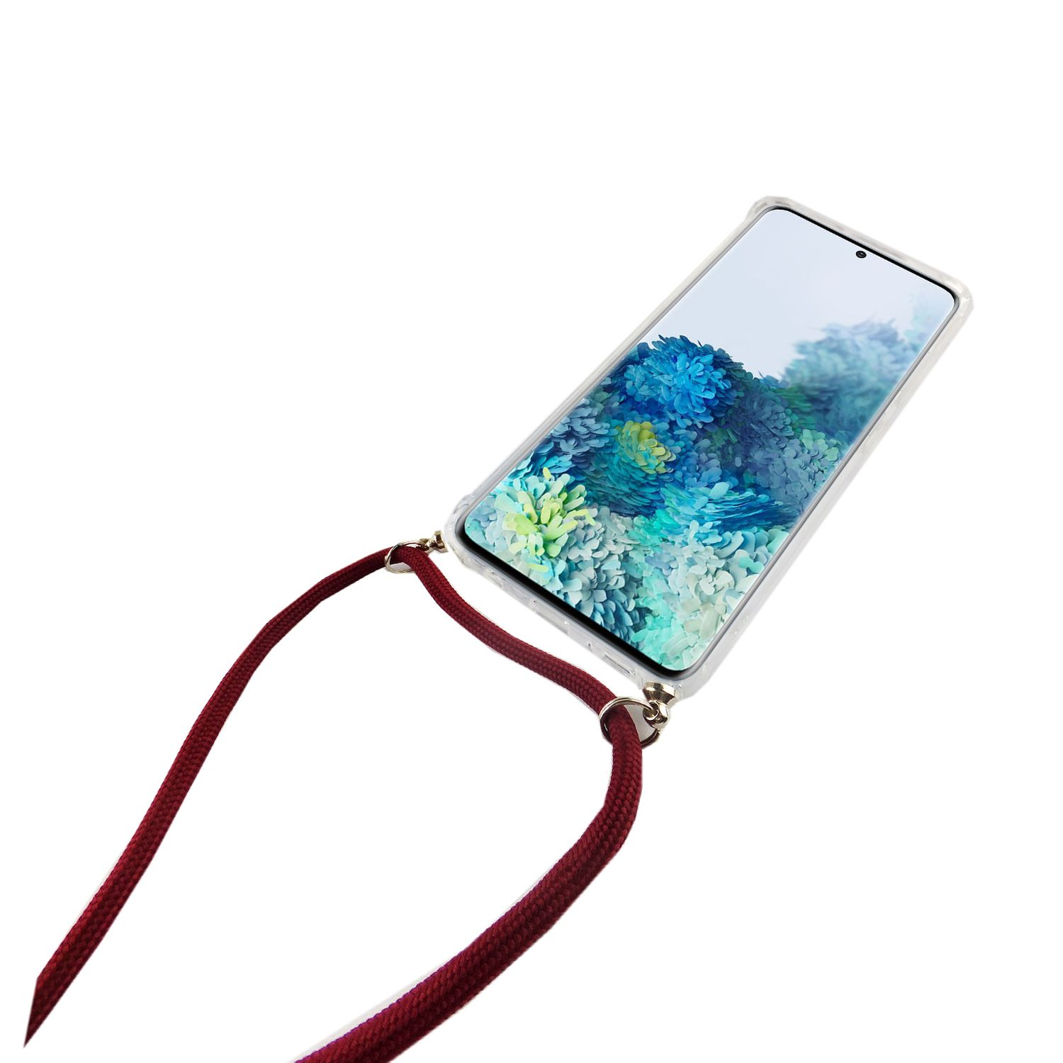 Transparente Handyhülle mit burgunderroter Kordel. Telefon mit floralem Hintergrund. Weißer Hintergrund.