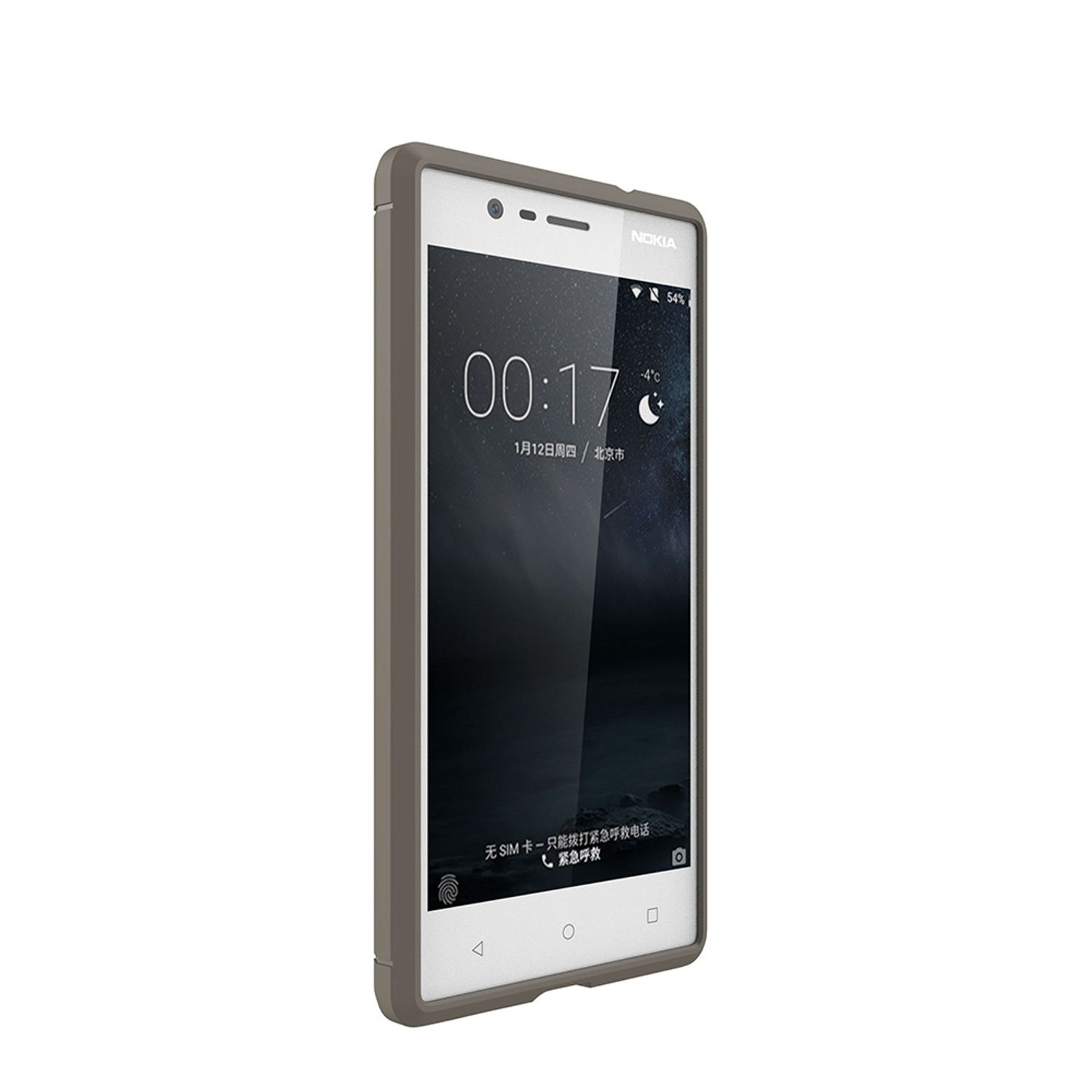 Nokia-Telefon in grauem Gehäuse. Der Bildschirm zeigt Uhrzeit und Datum. Weißer Hintergrund.