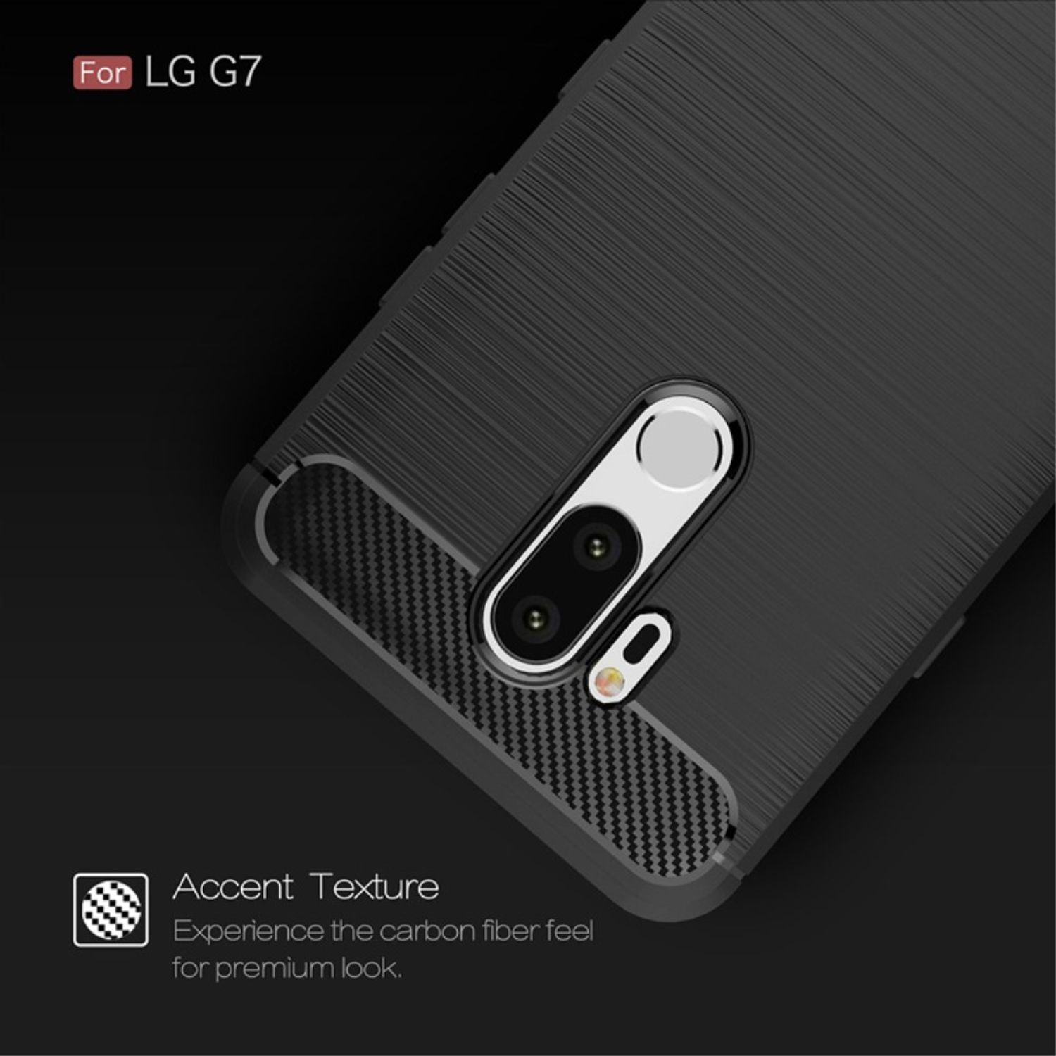 Schwarze Handyhülle, Nahaufnahme, für LG G7, strukturiertes Design.