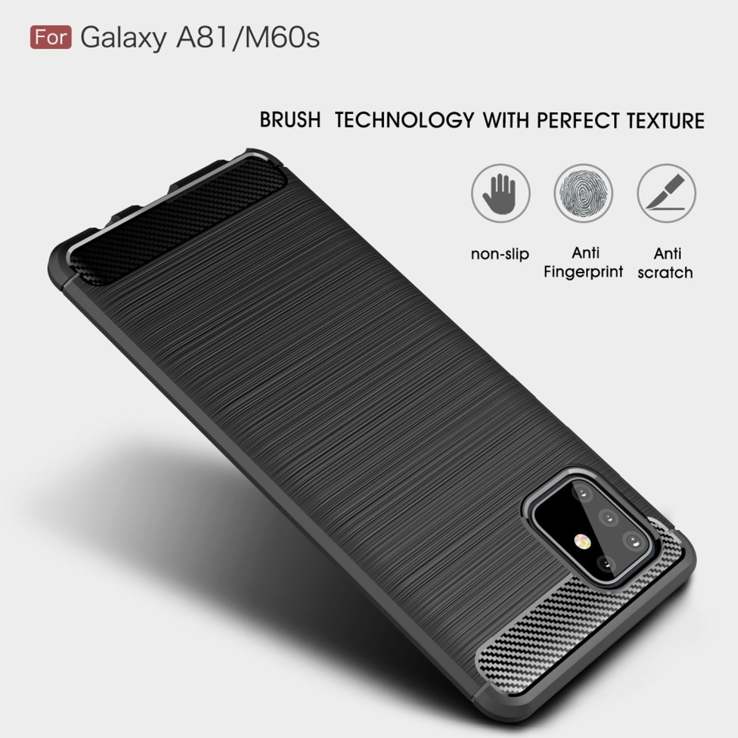 Schwarze Handyhülle mit Bürstentextur für Galaxy A81/M60s, mit Symbolen.