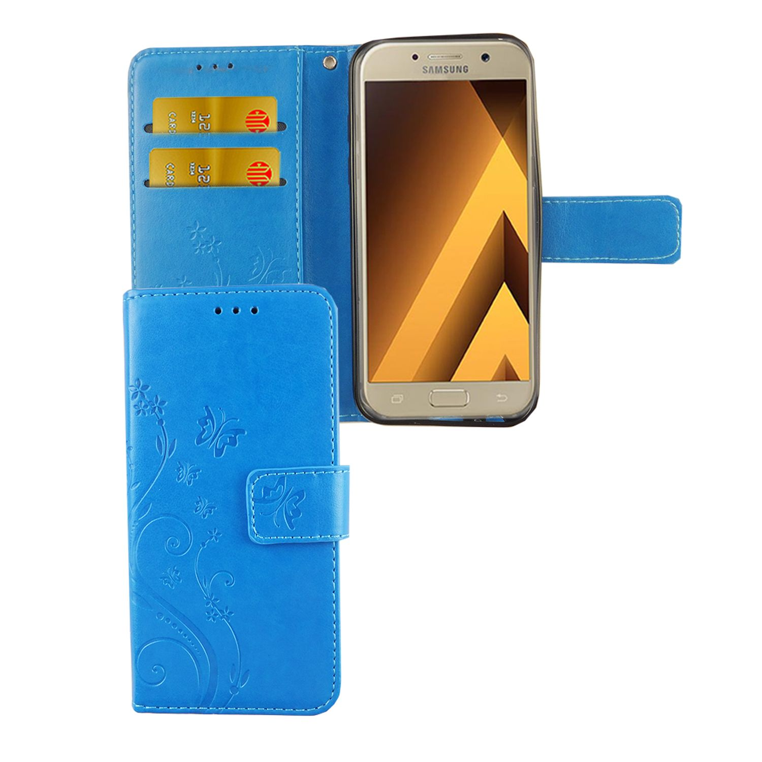Blaue Handyhülle, offen, mit Telefon, Kartenfächern und Blumendesign.