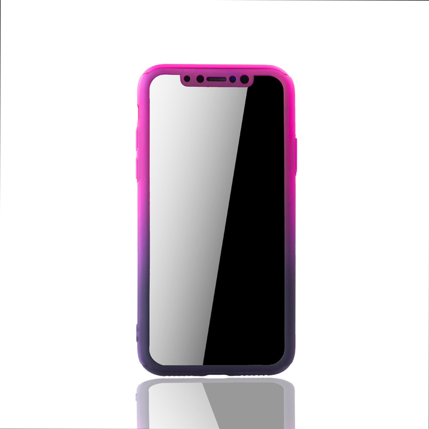 Ein Telefon in einer rosa-lila Hülle auf weißem Hintergrund.