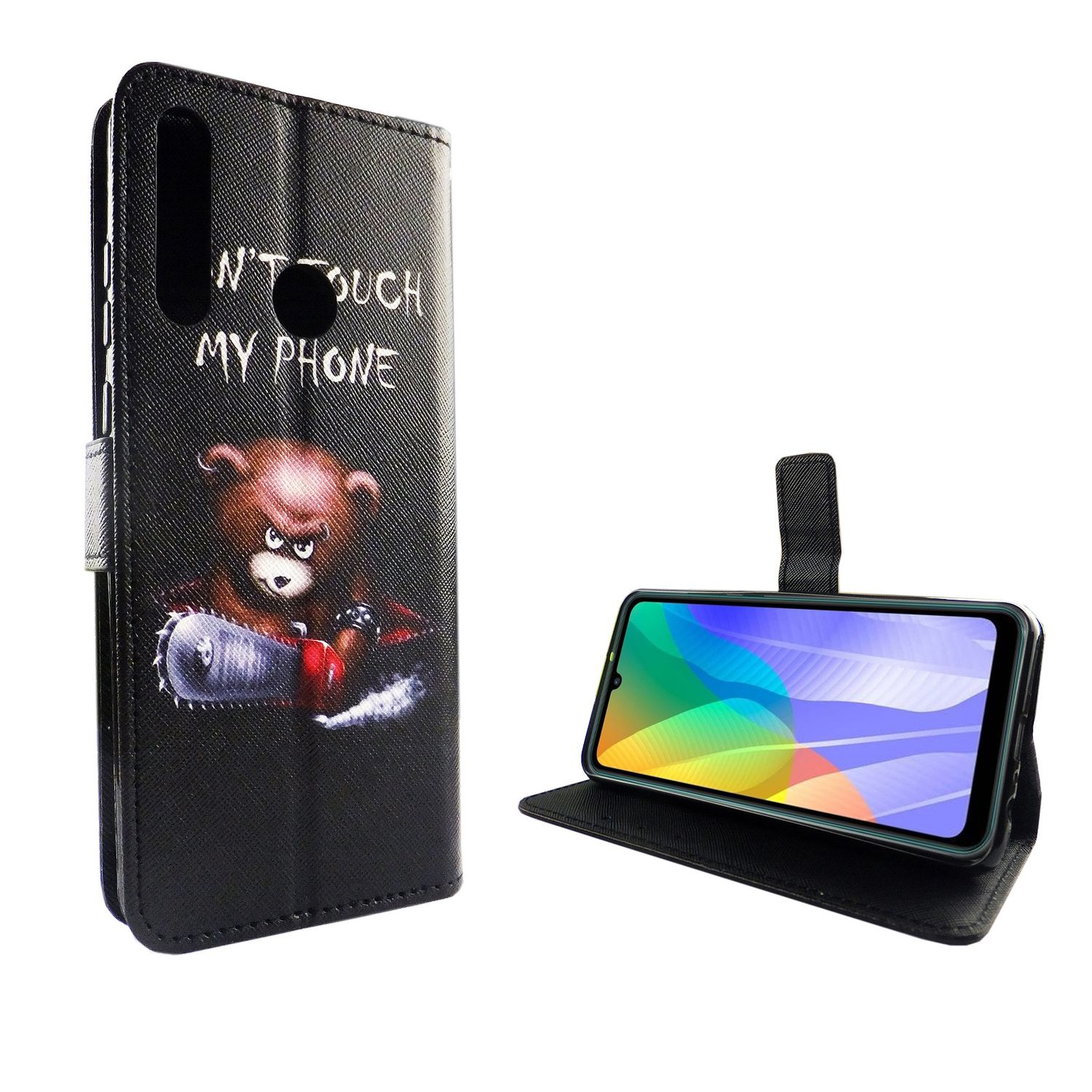 Handyhülle mit Bär mit Kettensäge, Text: Nicht mein Handy anfassen. Weißer HG. Telefon darin.