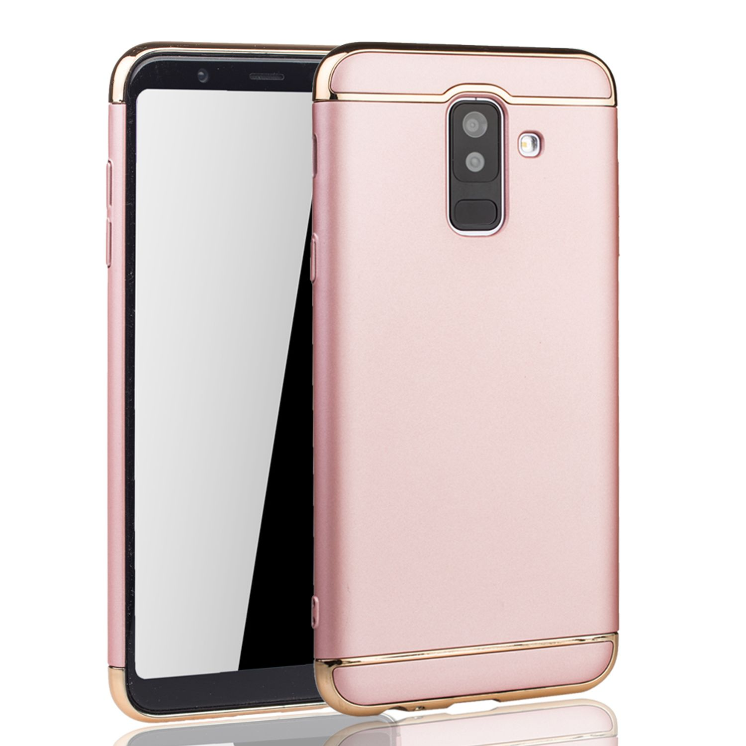Rosa Telefon mit goldenem Rahmen. Das Telefon befindet sich neben einer rosa Hülle.